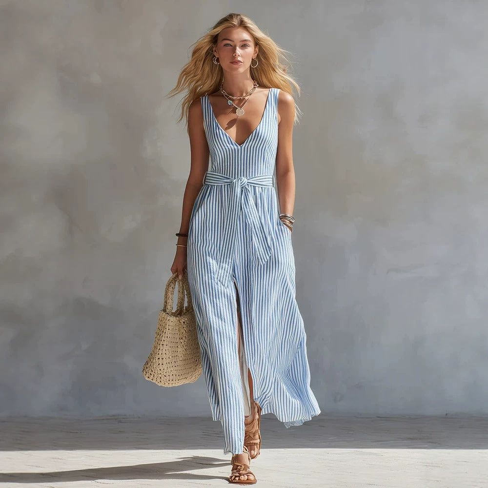 Women's Blue & White Striped Maxi Dress