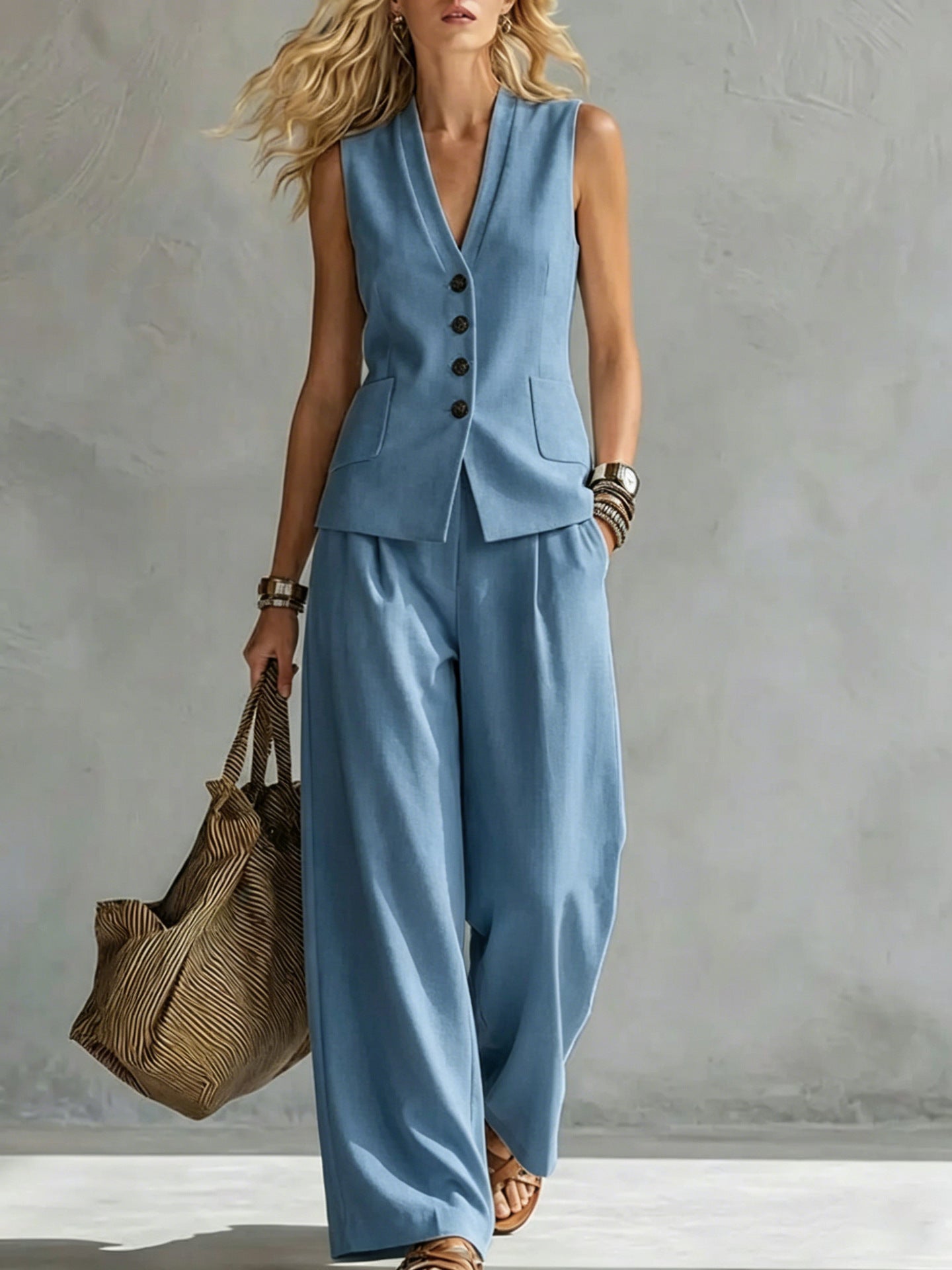 Women's Solid Linen Sleeveless Tank Top & Full-Length Pants Set