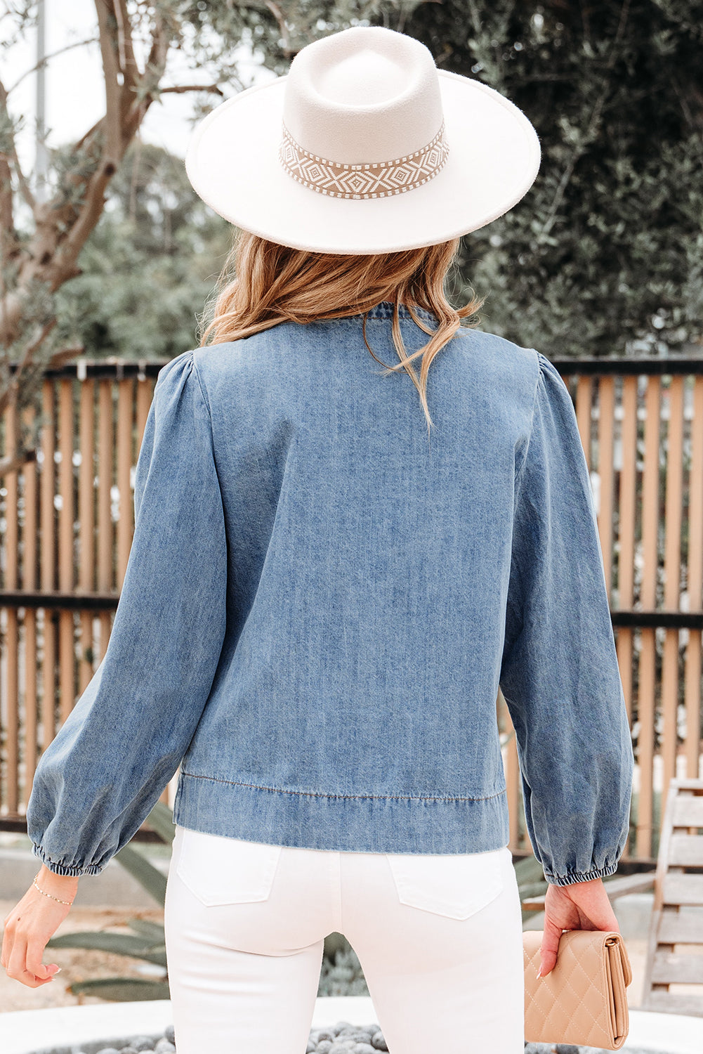 Oakley Tied Front Long Puff Sleeve Denim Top