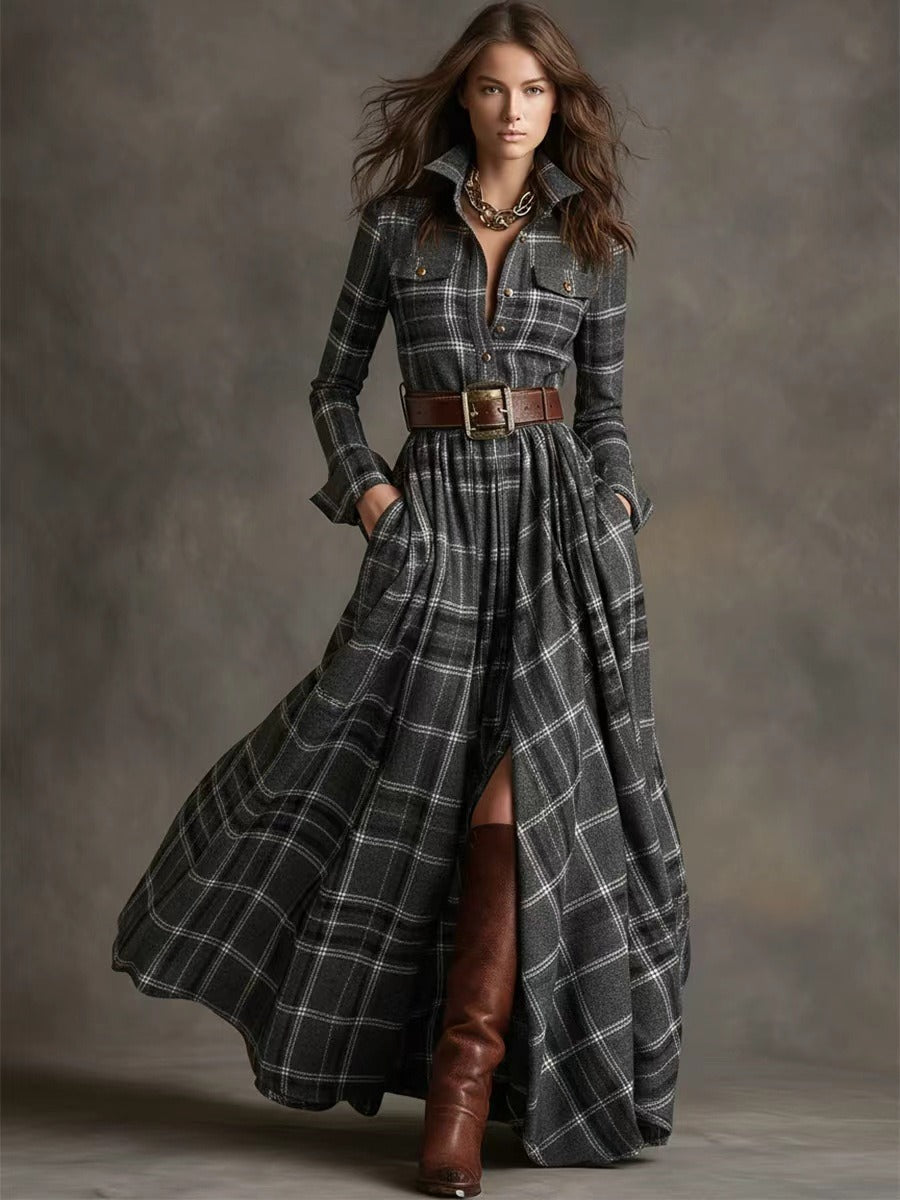 Women's Plus Size Plaid Print Long Sleeve Shirt Dress with Pockets