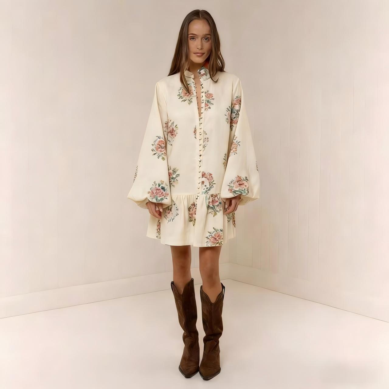 Digital Print Lantern Sleeve Linen Midi Dress – Loose Fit Pullover