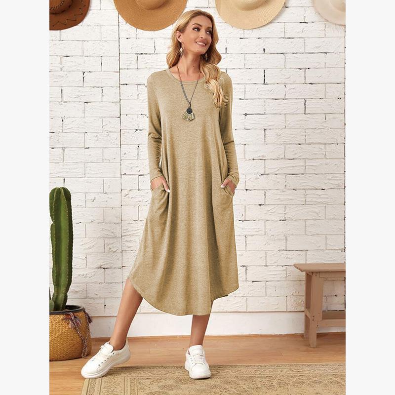 Women's Cotton Maxi Dress – Solid Color Long Sleeve A-Line with Pockets