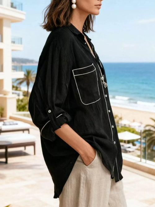 Contrast Trim Button Up Long Sleeve Shirt