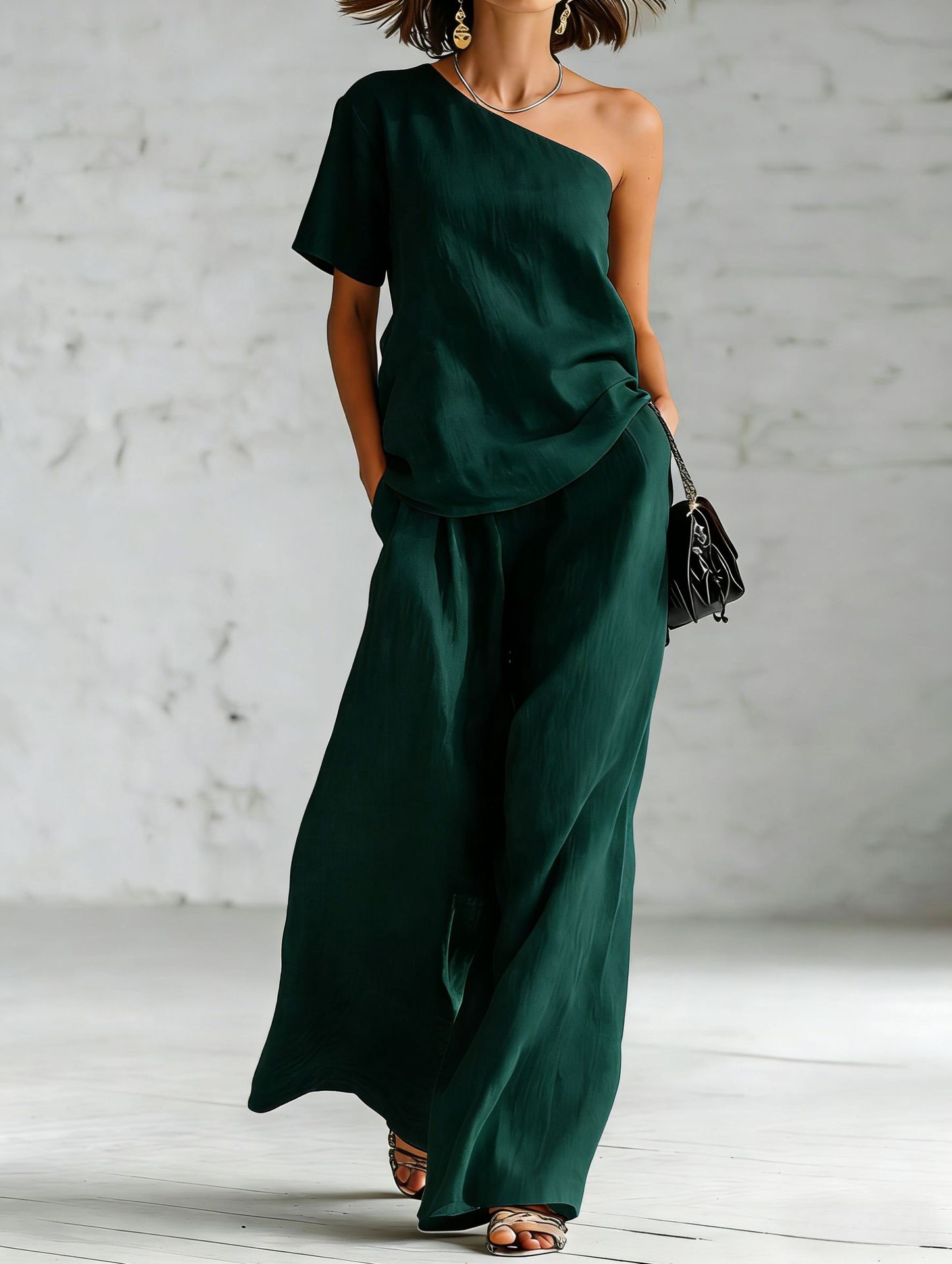 Women's Wide-Leg Pants & Top Set – 2-Piece Three-Quarter Sleeve Outfit