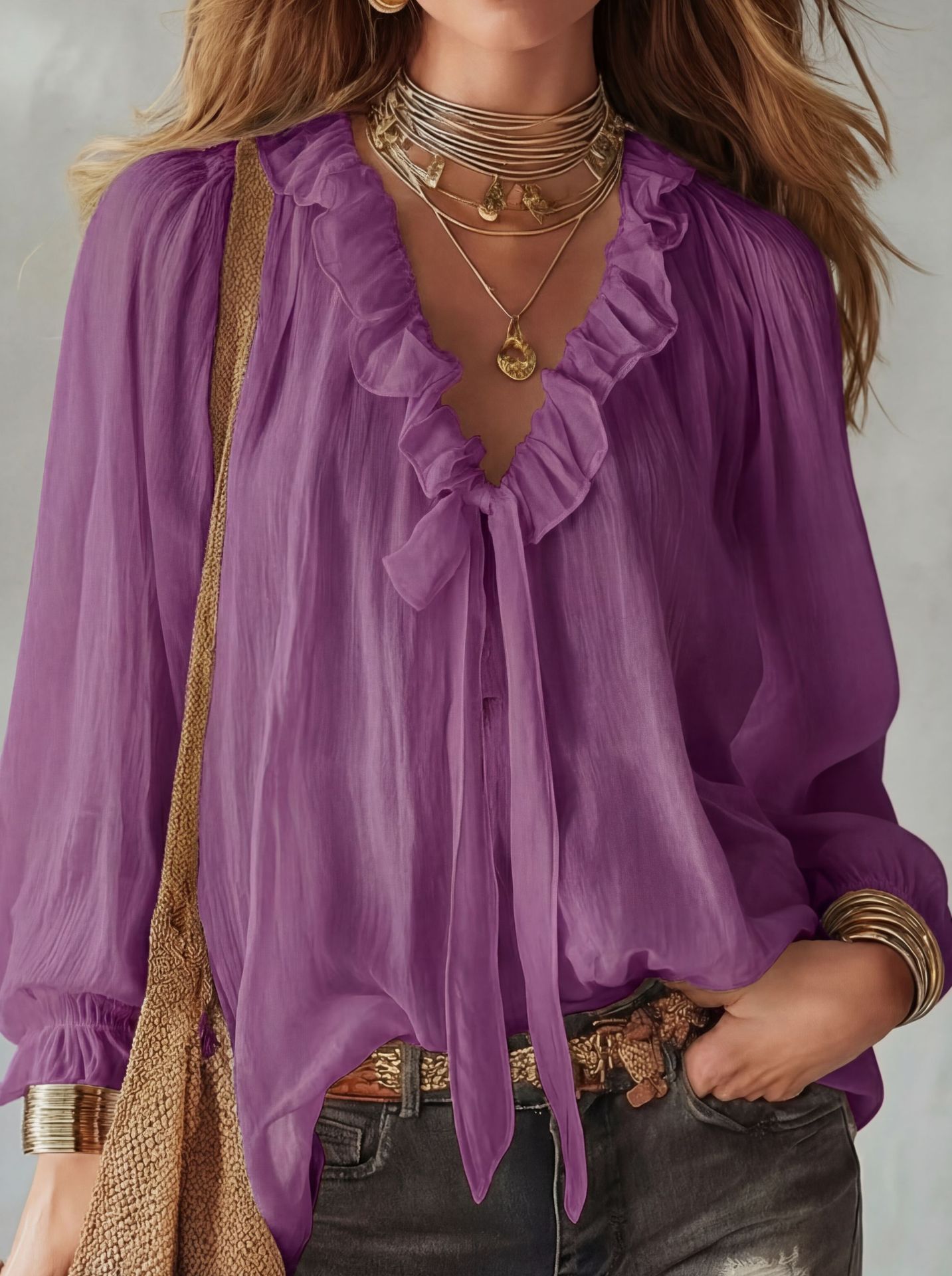 V-Neck Loose-Fit Shirt Top – No-Iron, 8 Colors