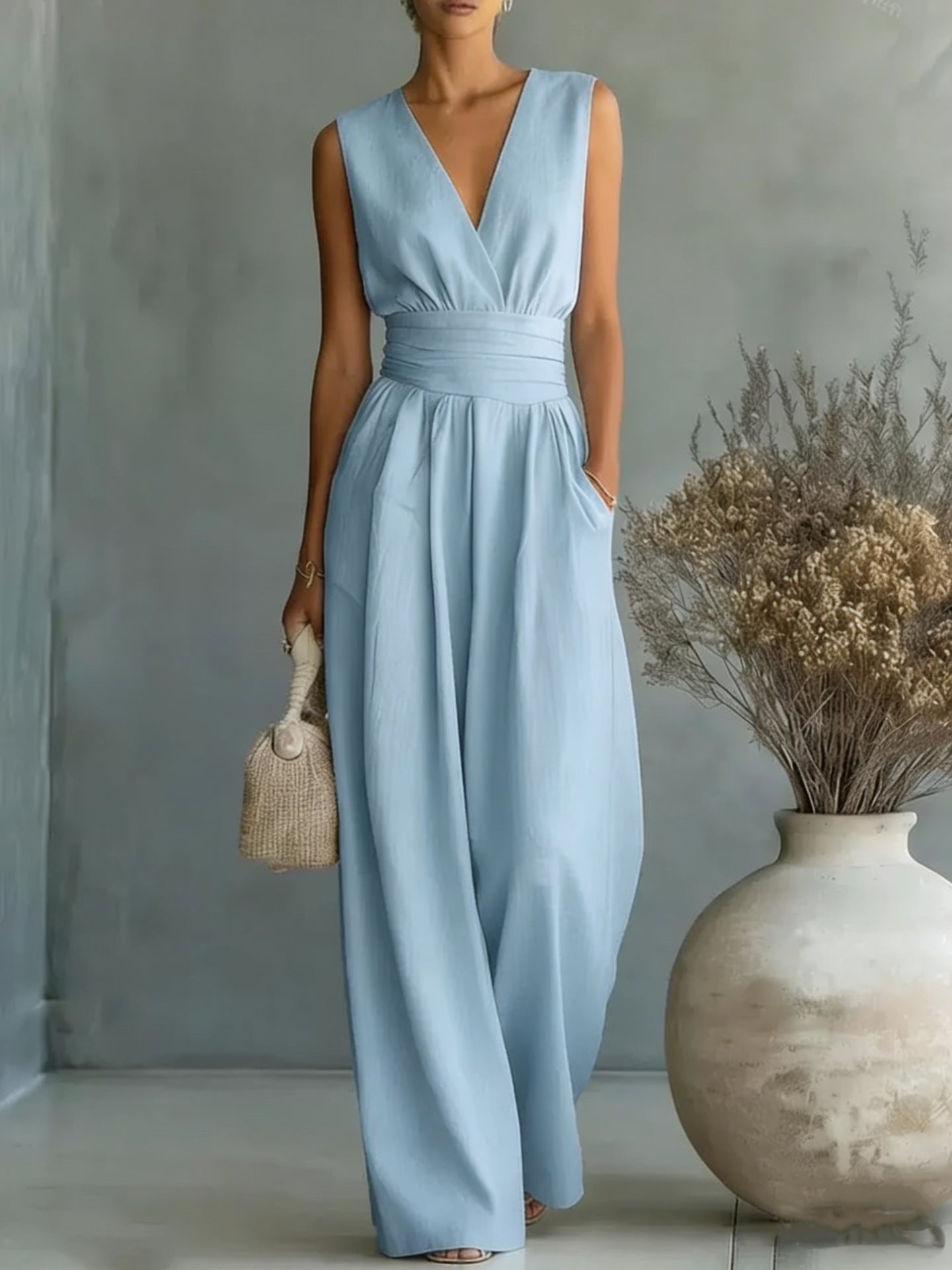 Women's Elegant V-Neck Sleeveless Jumpsuit – Waist-Cinching Straight Leg