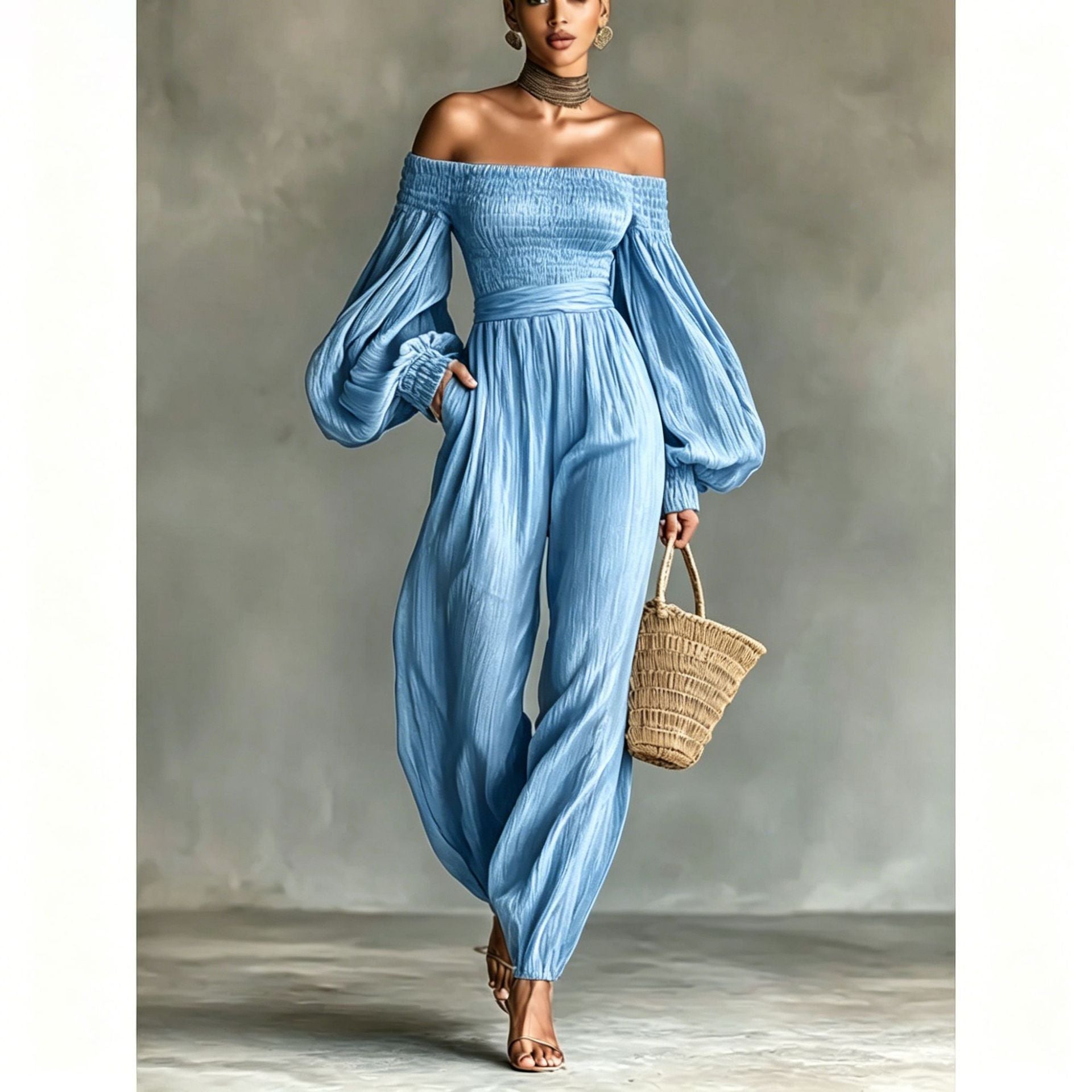 Women's Off-Shoulder Lantern Sleeve Pleated Loose Jumpsuit