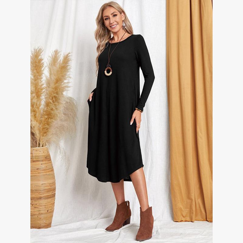 Women's Cotton Maxi Dress – Solid Color Long Sleeve A-Line with Pockets