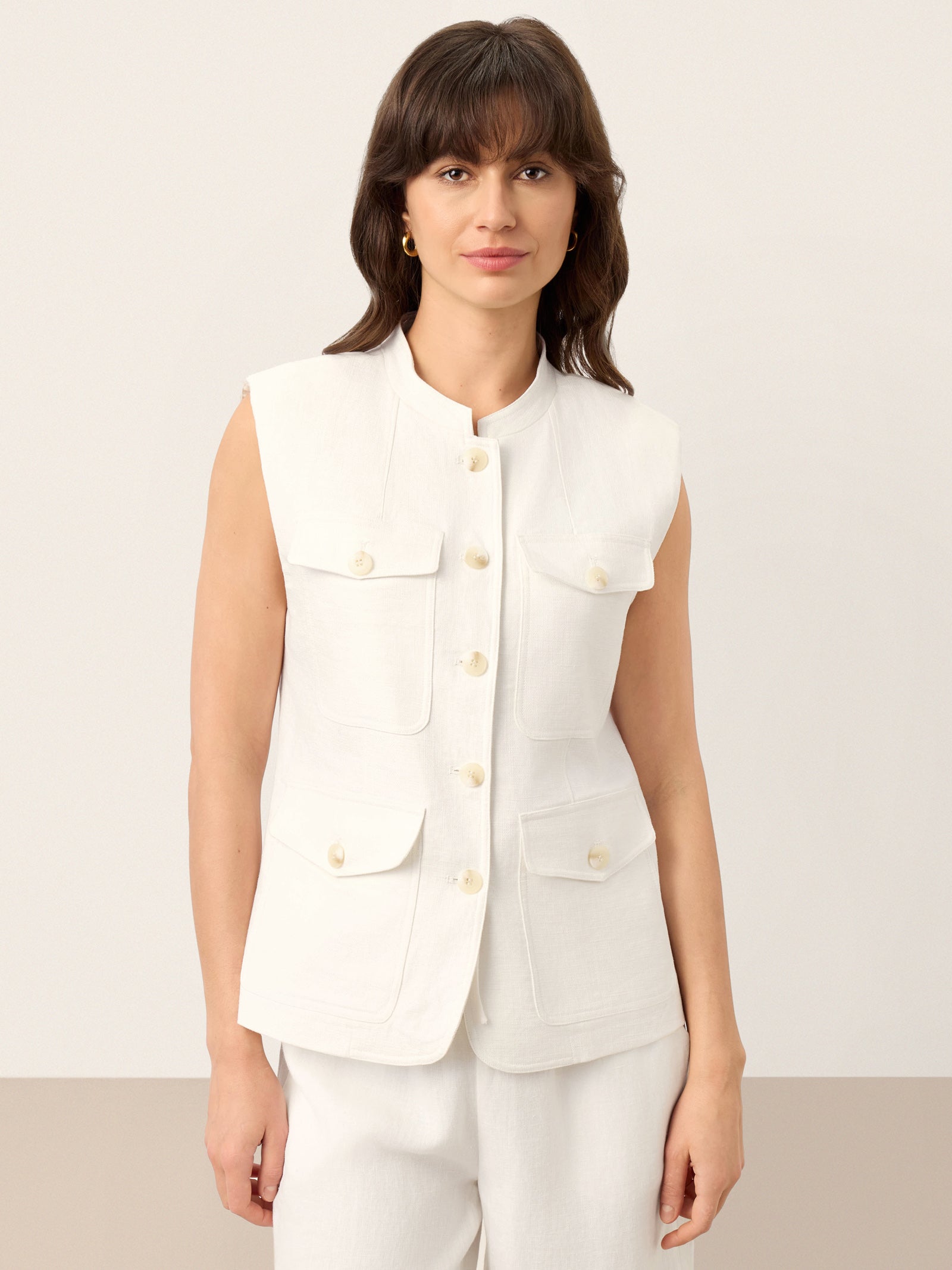 100% Linen Four-Pocket Tailored Sleeveless Vest COSIMA