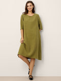 100% Linen Round Neck Back Placket Pleat Midi Dress PENELOPE