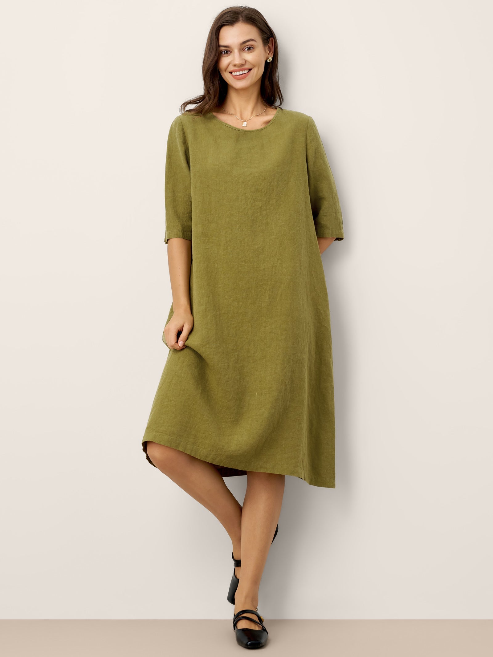 100% Linen Round Neck Back Placket Pleat Midi Dress PENELOPE