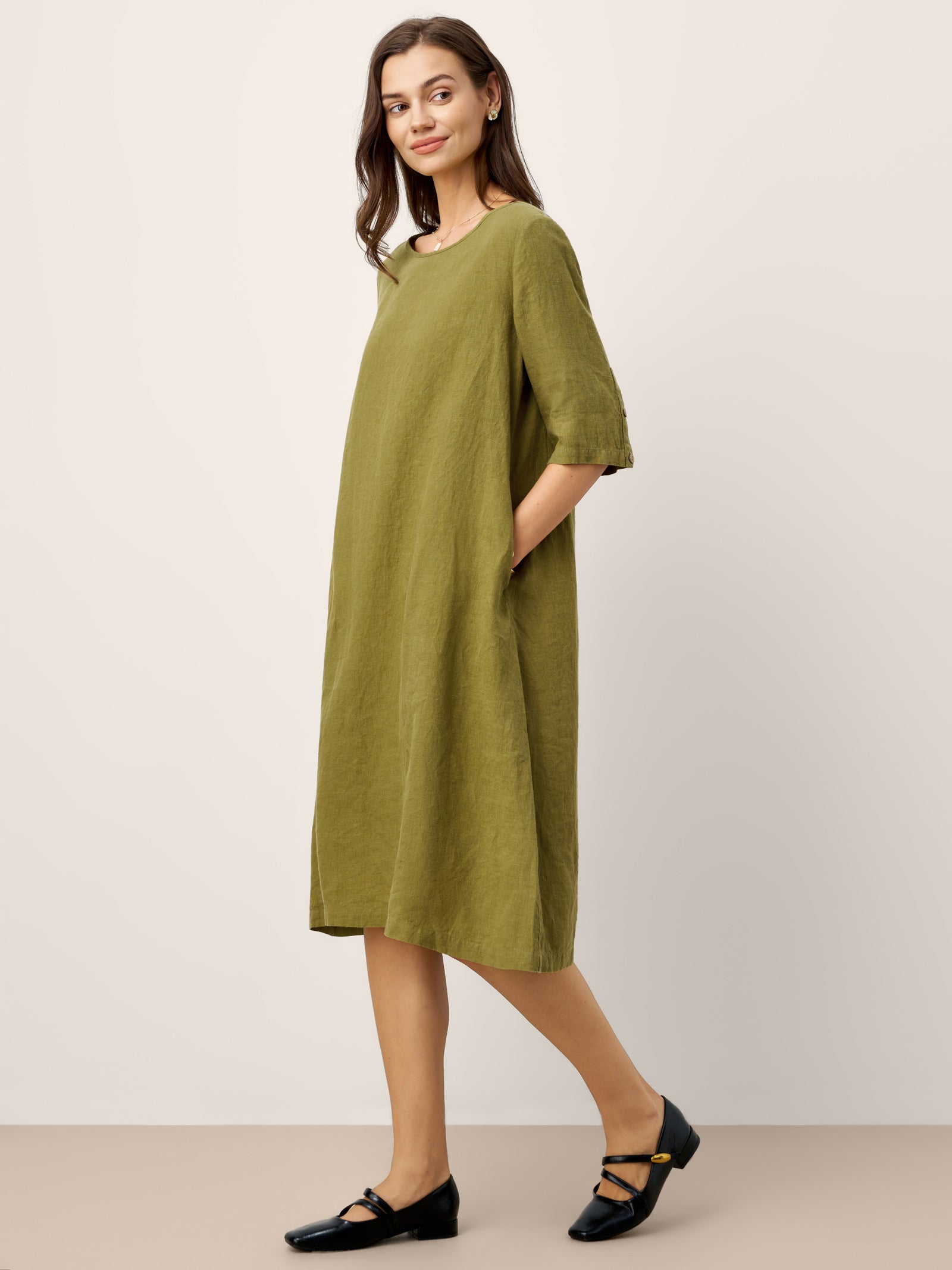 100% Linen Round Neck Back Placket Pleat Midi Dress PENELOPE
