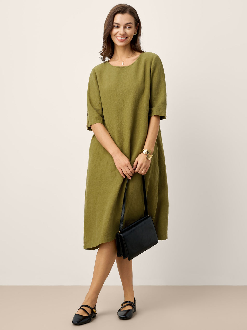 100% Linen Round Neck Back Placket Pleat Midi Dress PENELOPE