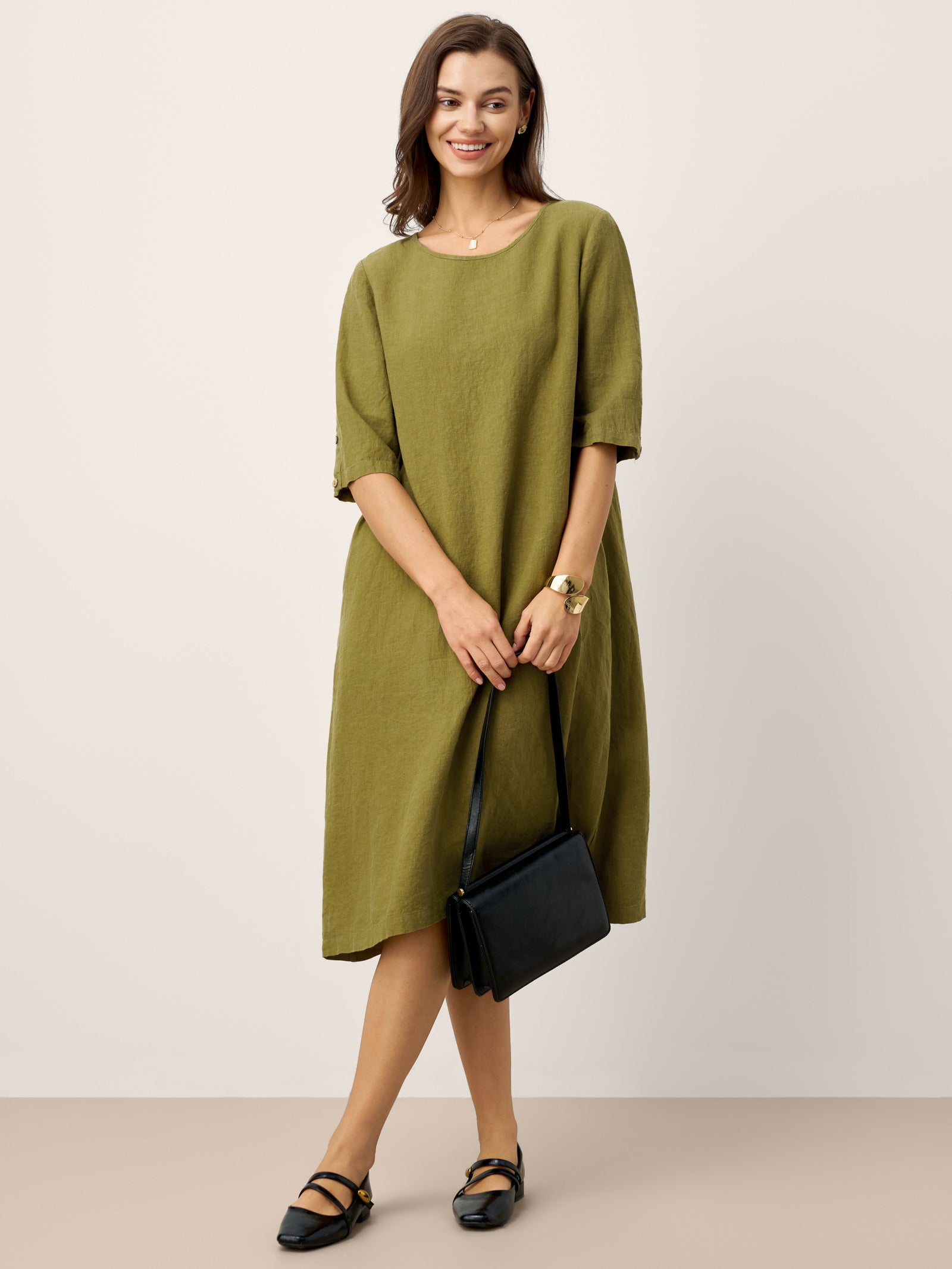 100% Linen Round Neck Back Placket Pleat Midi Dress PENELOPE