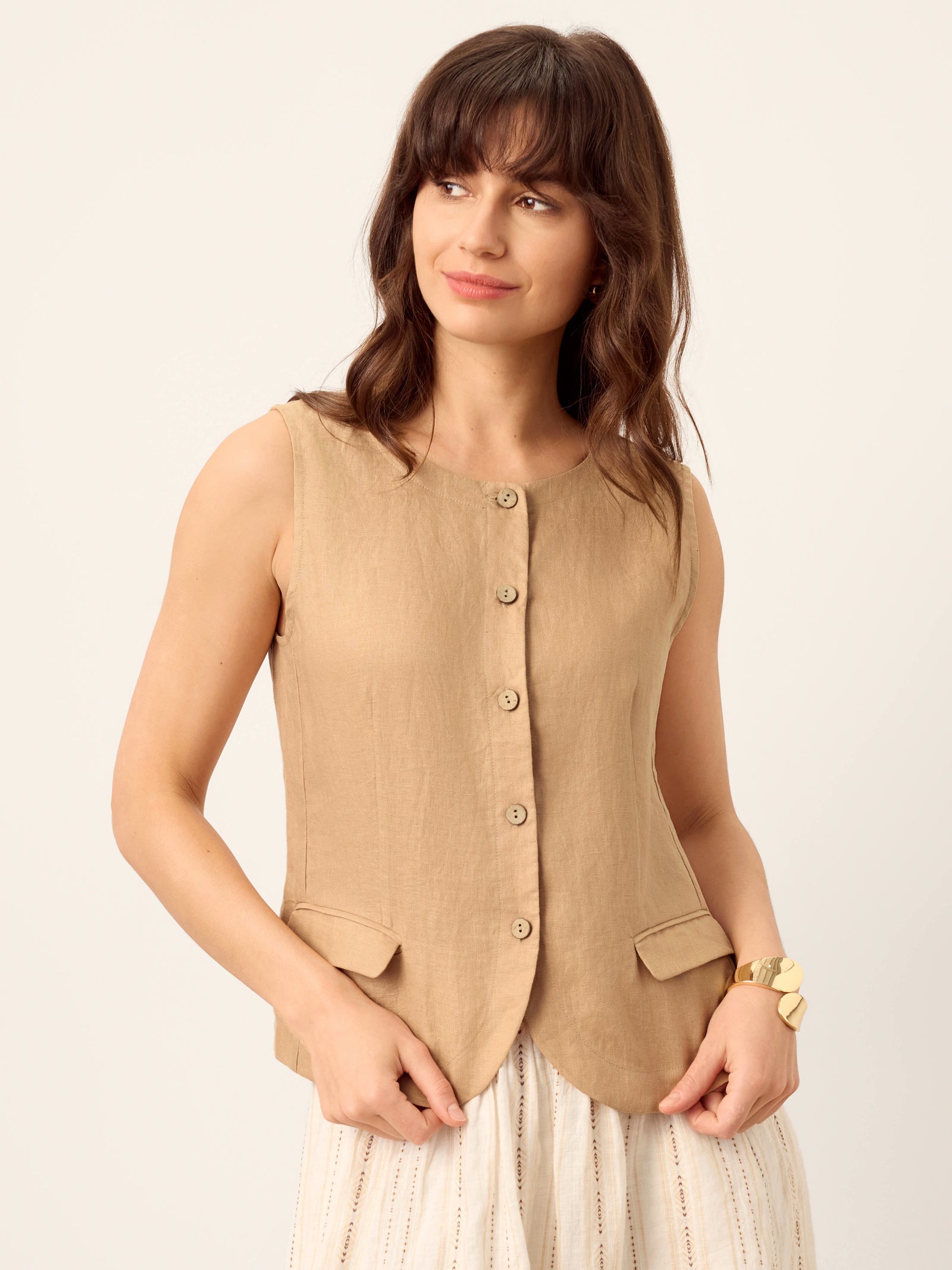 100% Linen Cinch-Back Sleeveless Tailored Vest BRONWYN