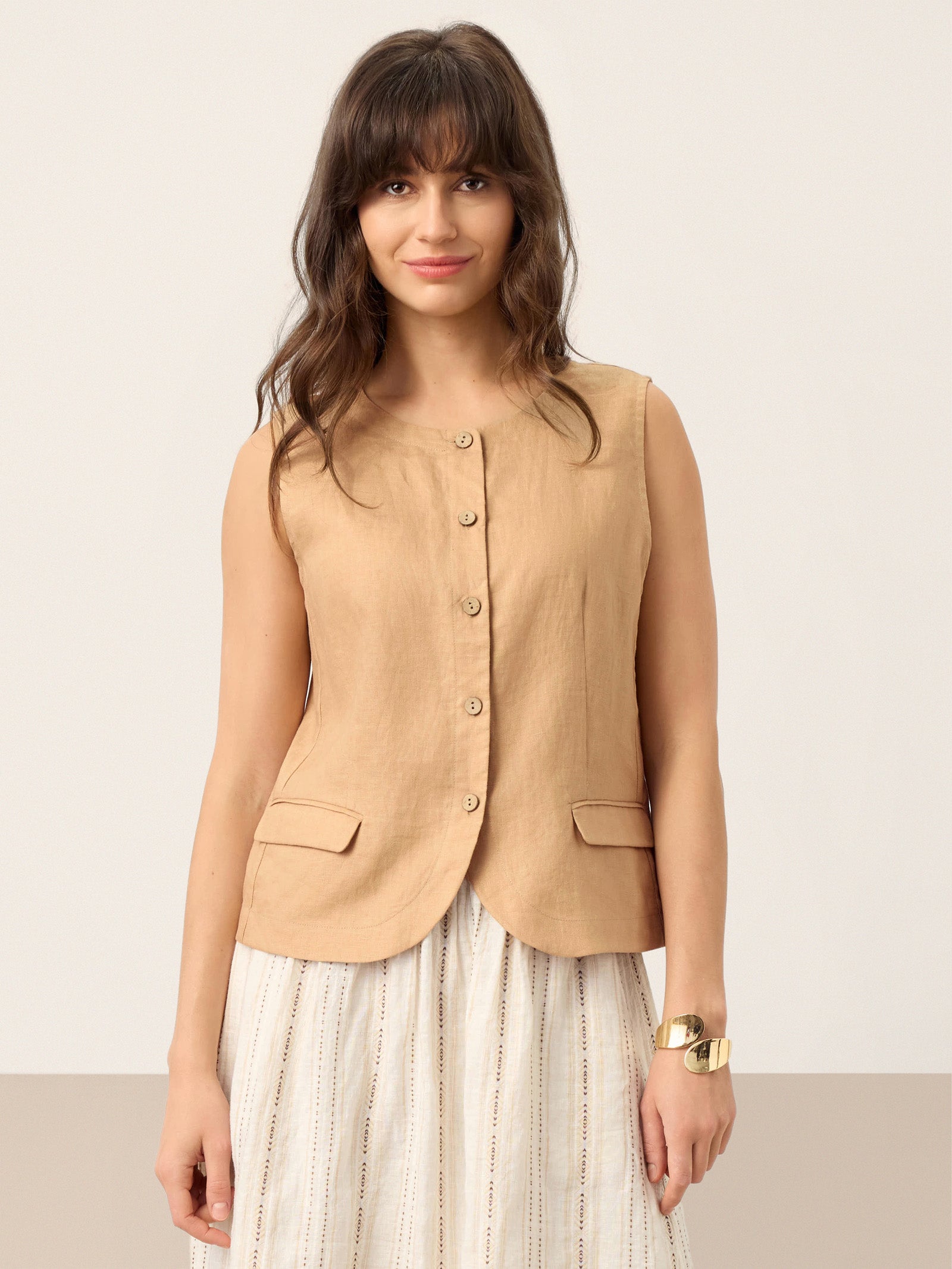 100% Linen Cinch-Back Sleeveless Tailored Vest BRONWYN