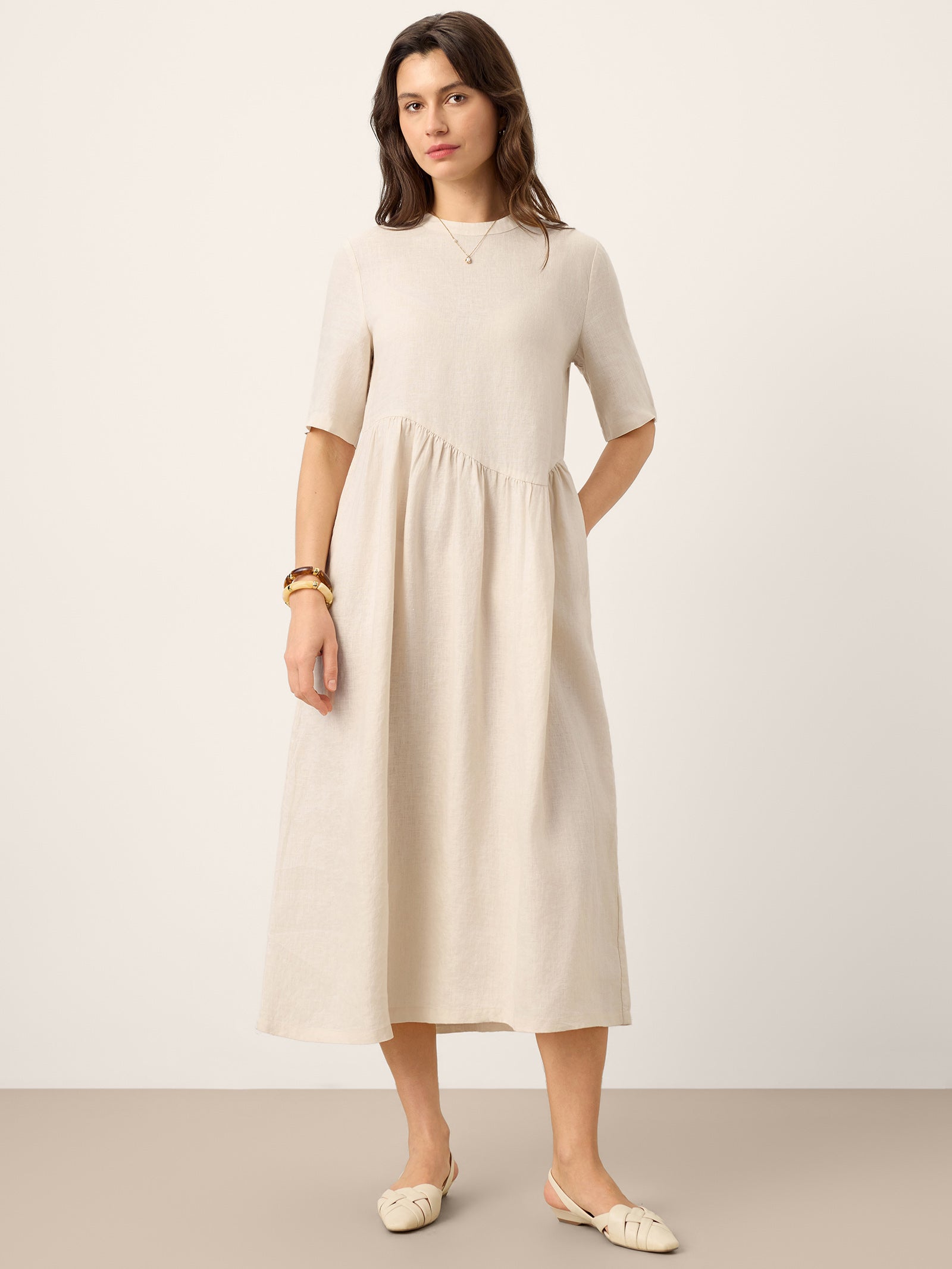 100% Linen Arch-Seam Fluid Maxi Dress EUDORA