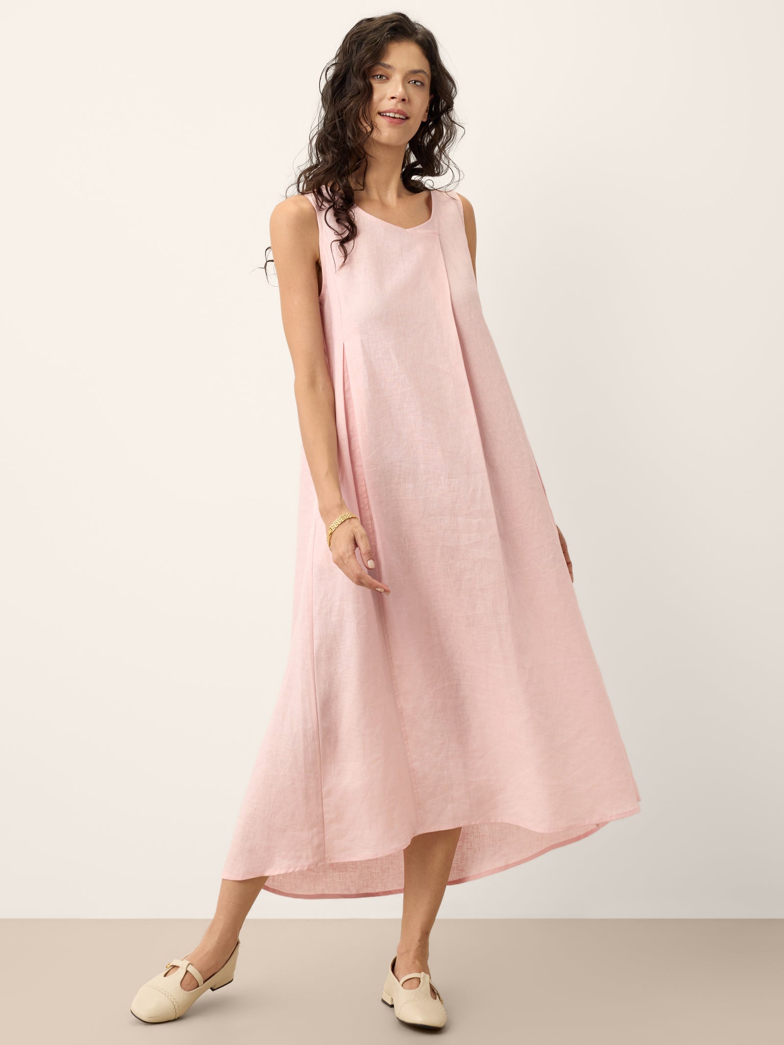 100% Linen Asymmetric Pleat A-Line Maxi Dress KARINA