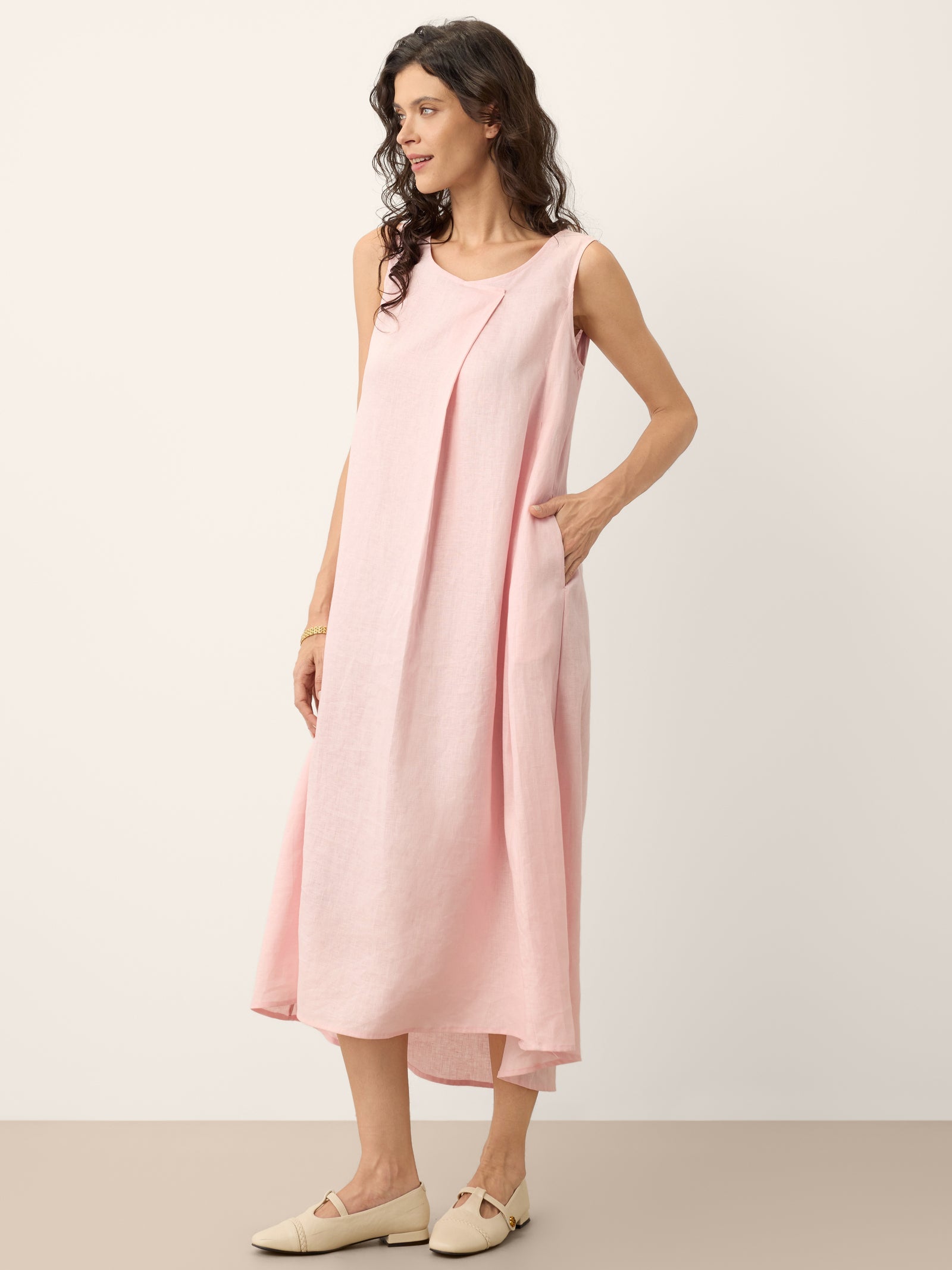 100% Linen Asymmetric Pleat A-Line Maxi Dress KARINA