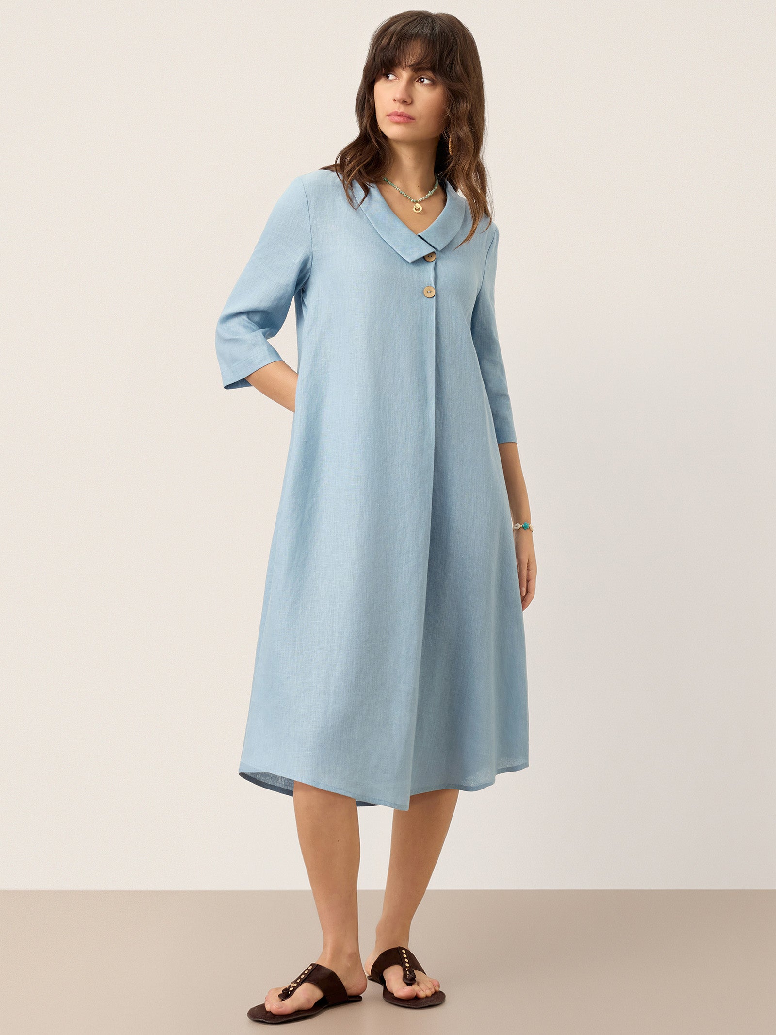 100% Linen Asymmetric Shawl Collar A-Line Midi Dress WINIFRED