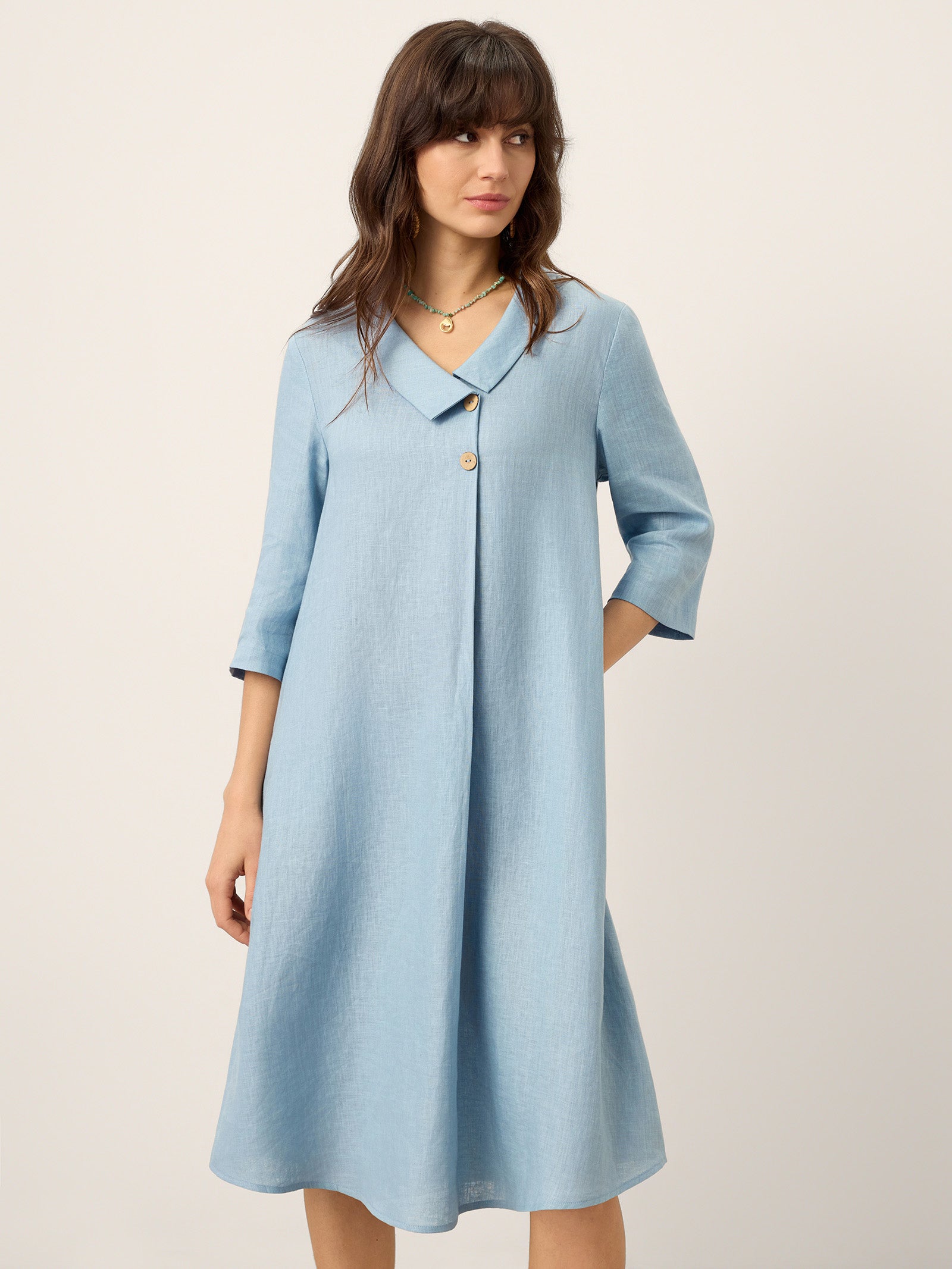 100% Linen Asymmetric Shawl Collar A-Line Midi Dress WINIFRED