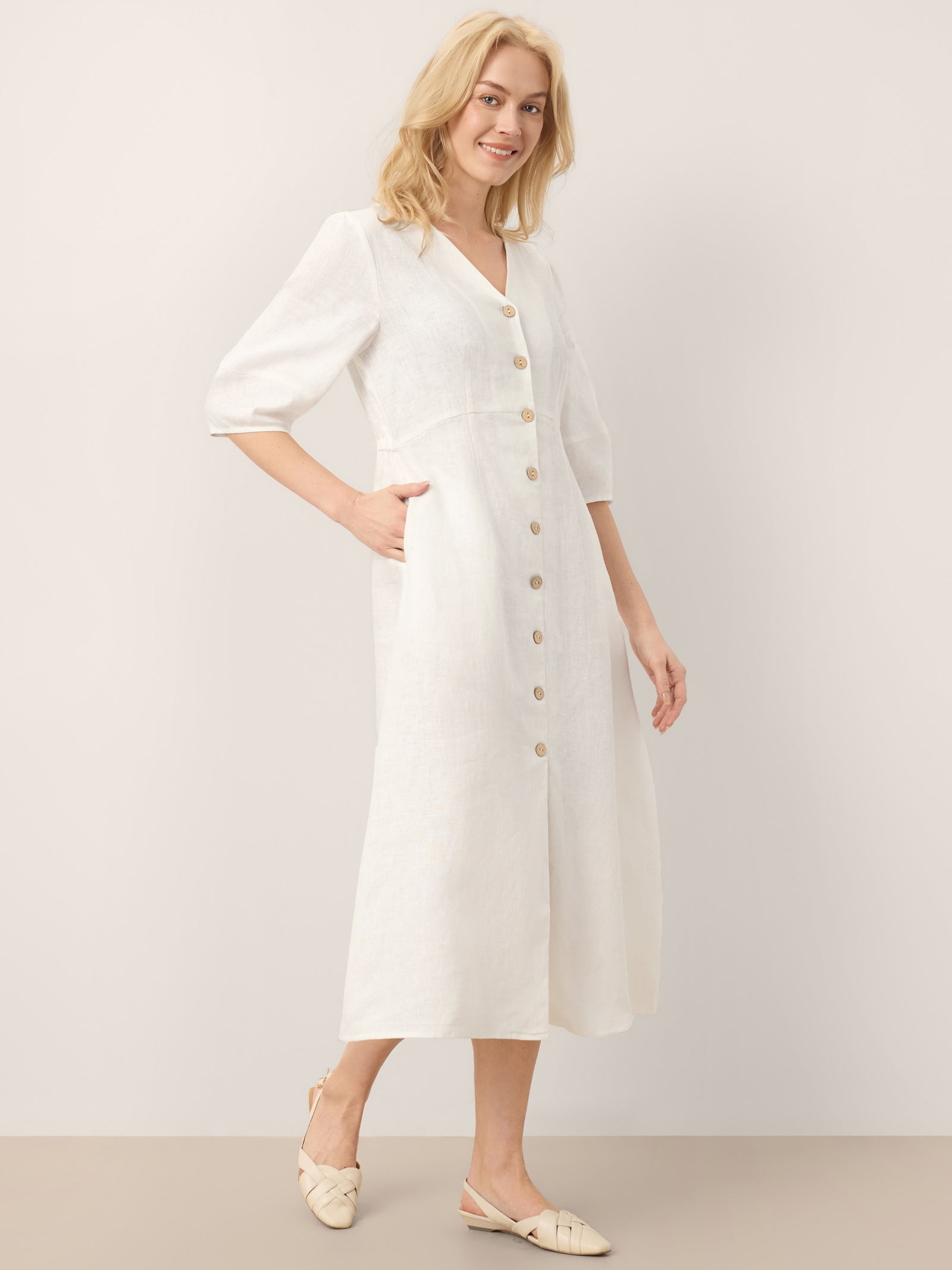 100% Linen Button-Front Lantern Sleeve Elasticated Waist Midi Dress LINNEA