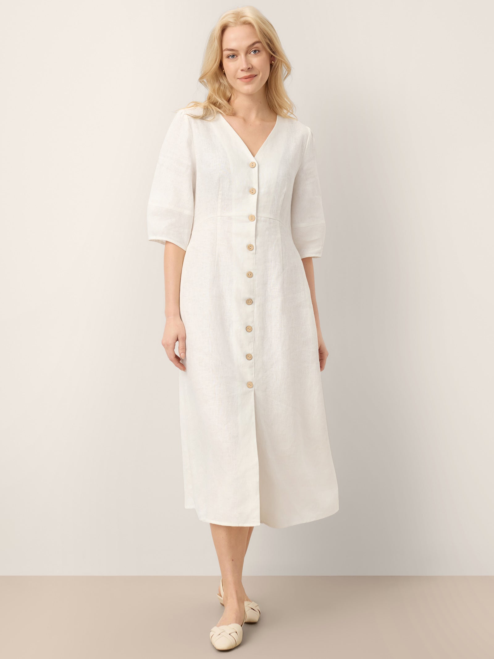 100% Linen Button-Front Lantern Sleeve Elasticated Waist Midi Dress LINNEA