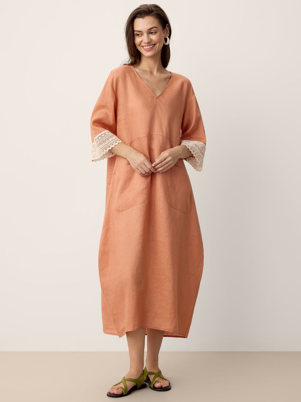 100% Linen Lace-Cuff Cocoon Maxi Dress PETRA