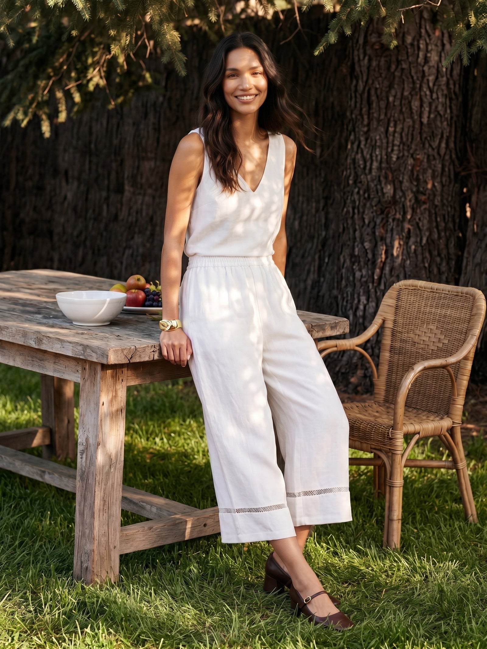 100% Linen Lace Trim Cropped Pants GILLIAN