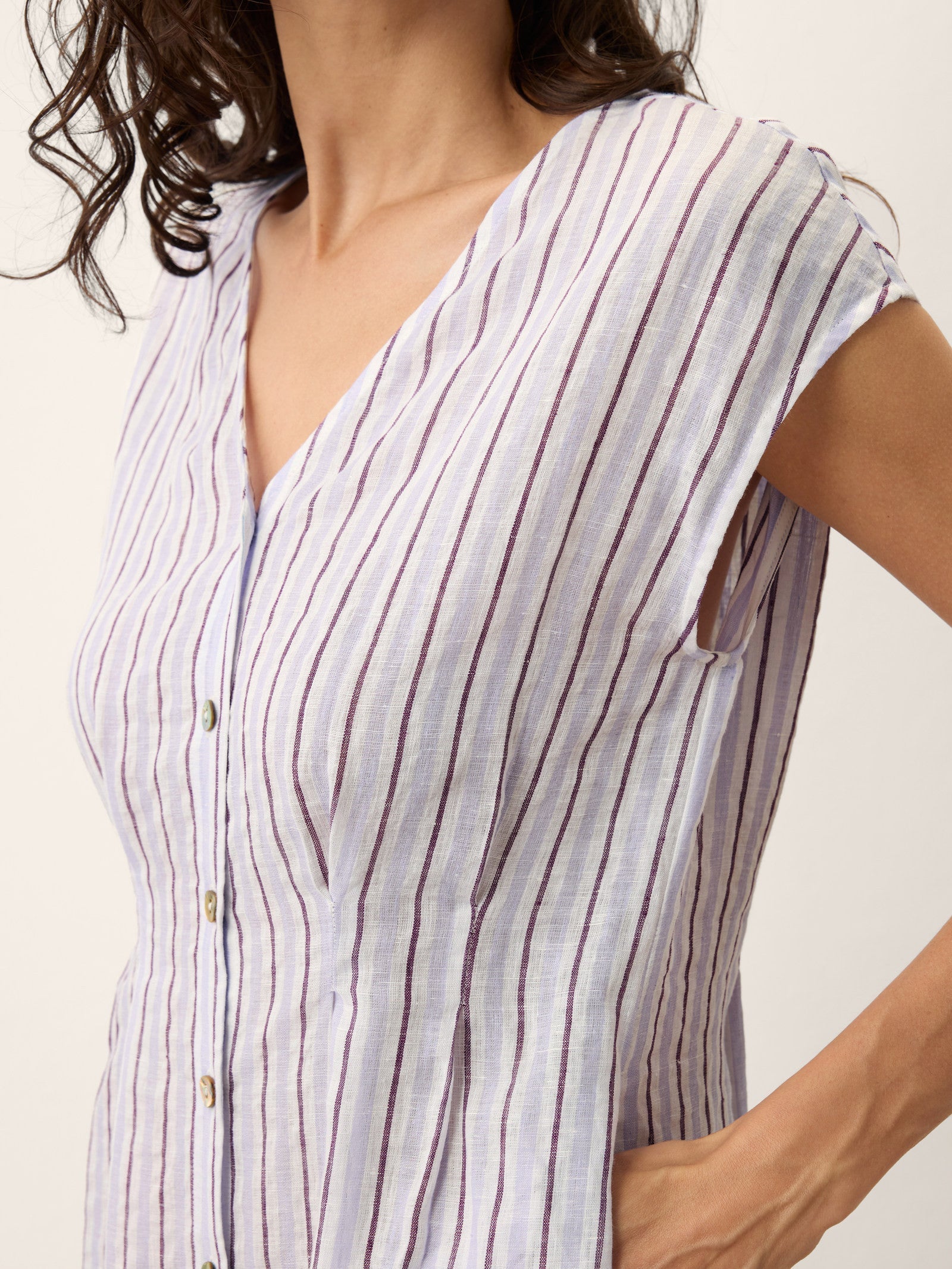 100% Linen Striped Tailored Cap Sleeve Maxi Dress AGNES