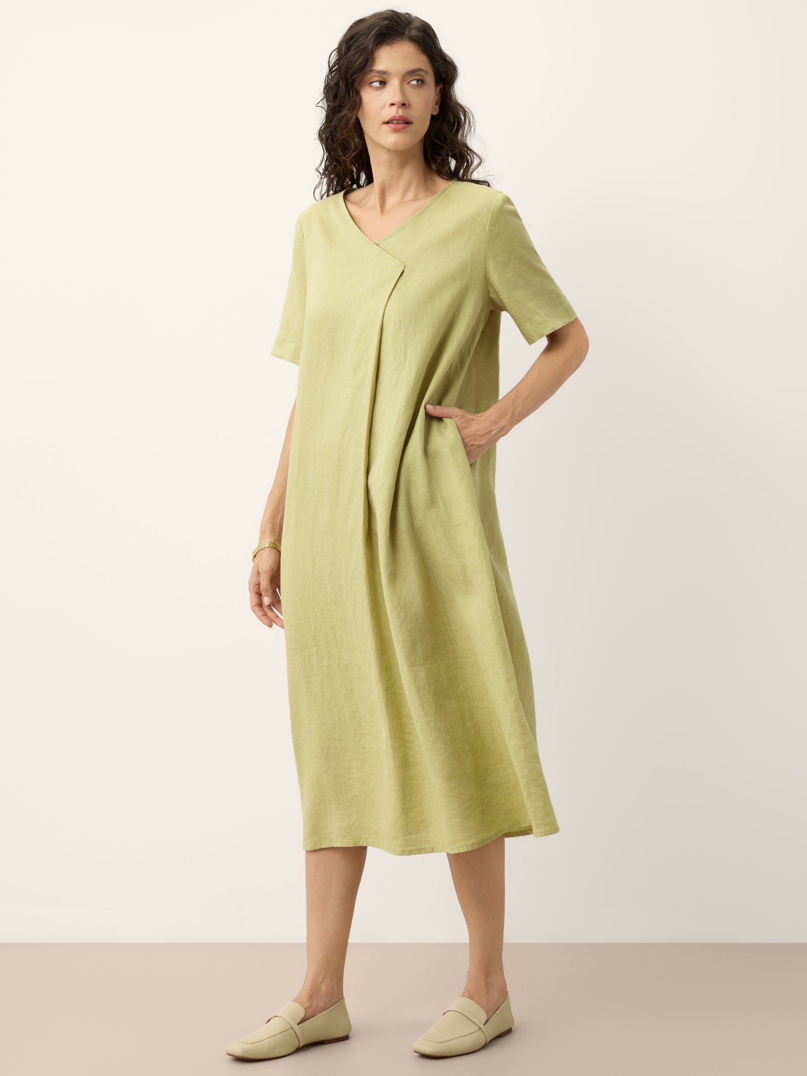 100% Linen Surplice Neck A Line Maxi Dress JUDITH