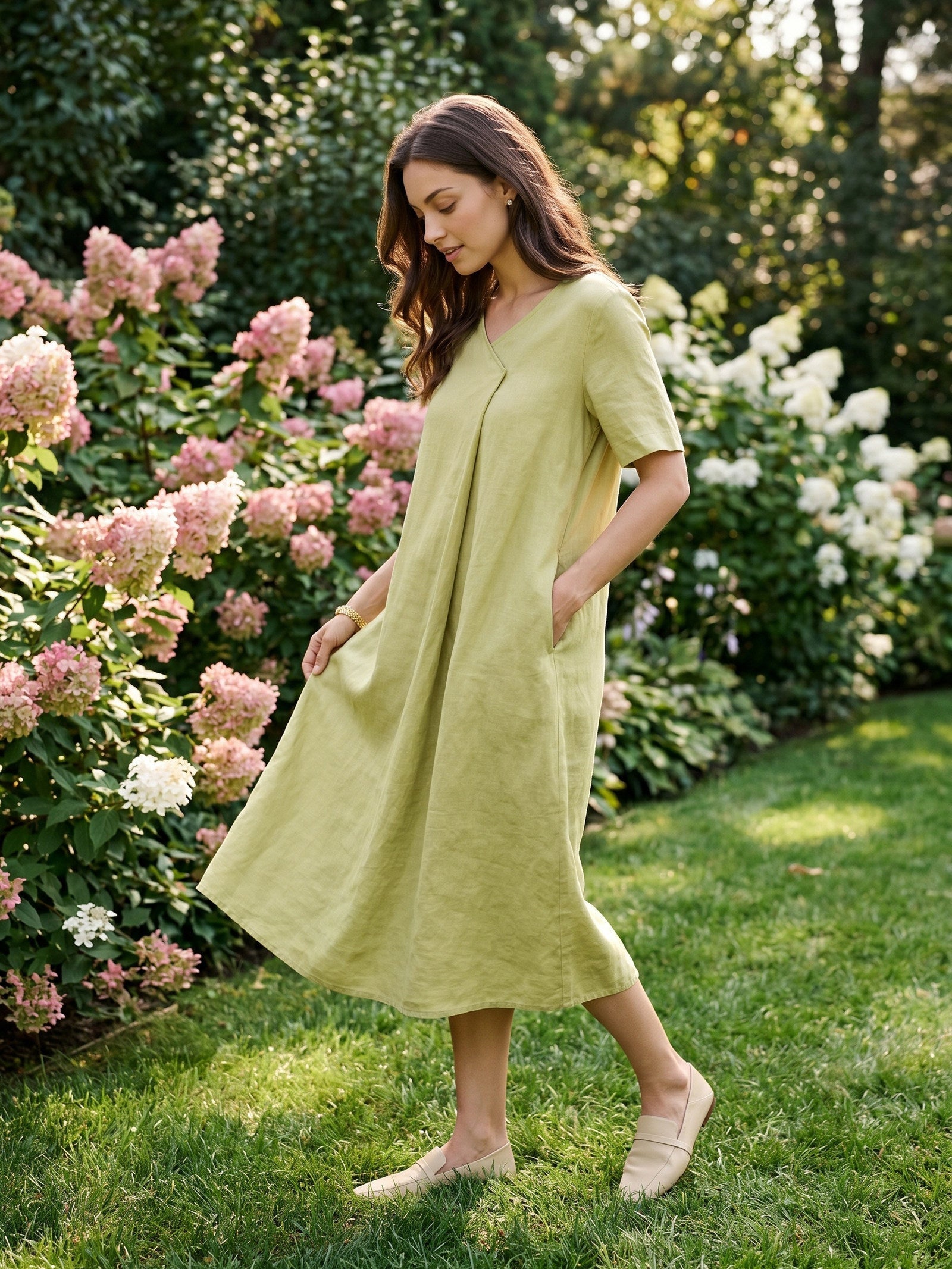100% Linen Surplice Neck A Line Maxi Dress JUDITH