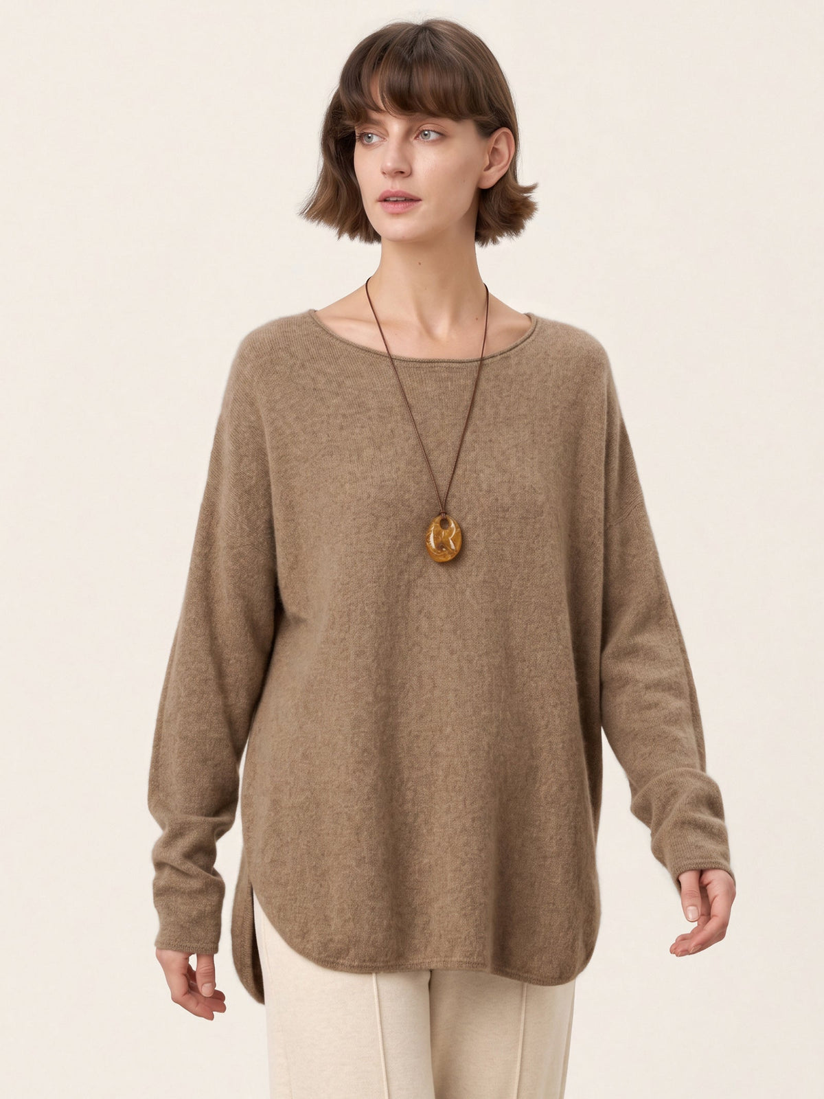 100% Mongolian Cashmere Hand-Finished Rolled Edge Knit Top AMARA