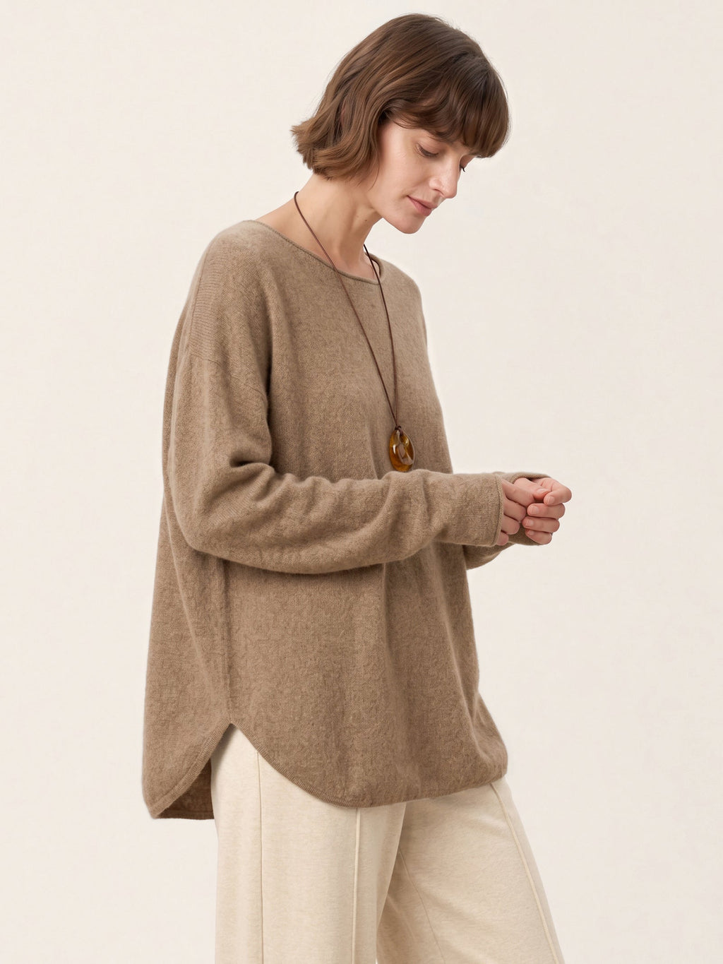 100% Mongolian Cashmere Hand-Finished Rolled Edge Knit Top AMARA