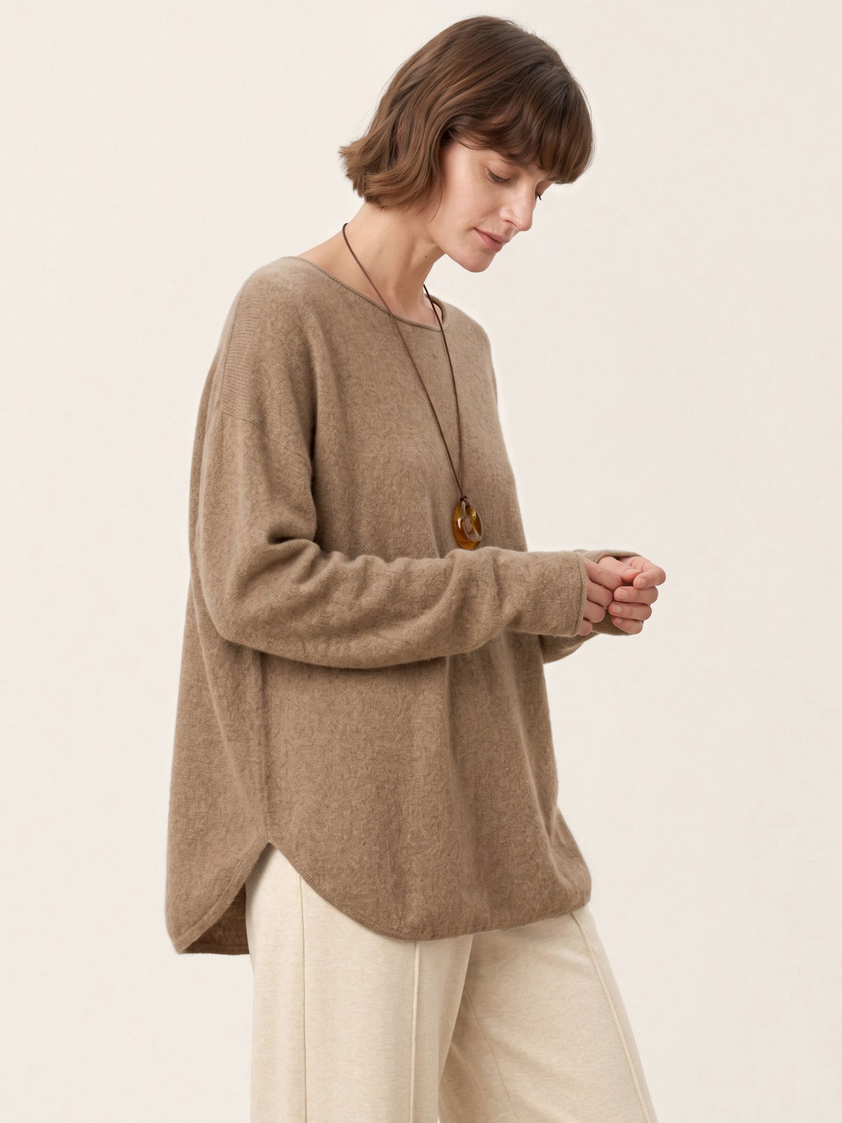 100% Mongolian Cashmere Hand-Finished Rolled Edge Knit Top AMARA