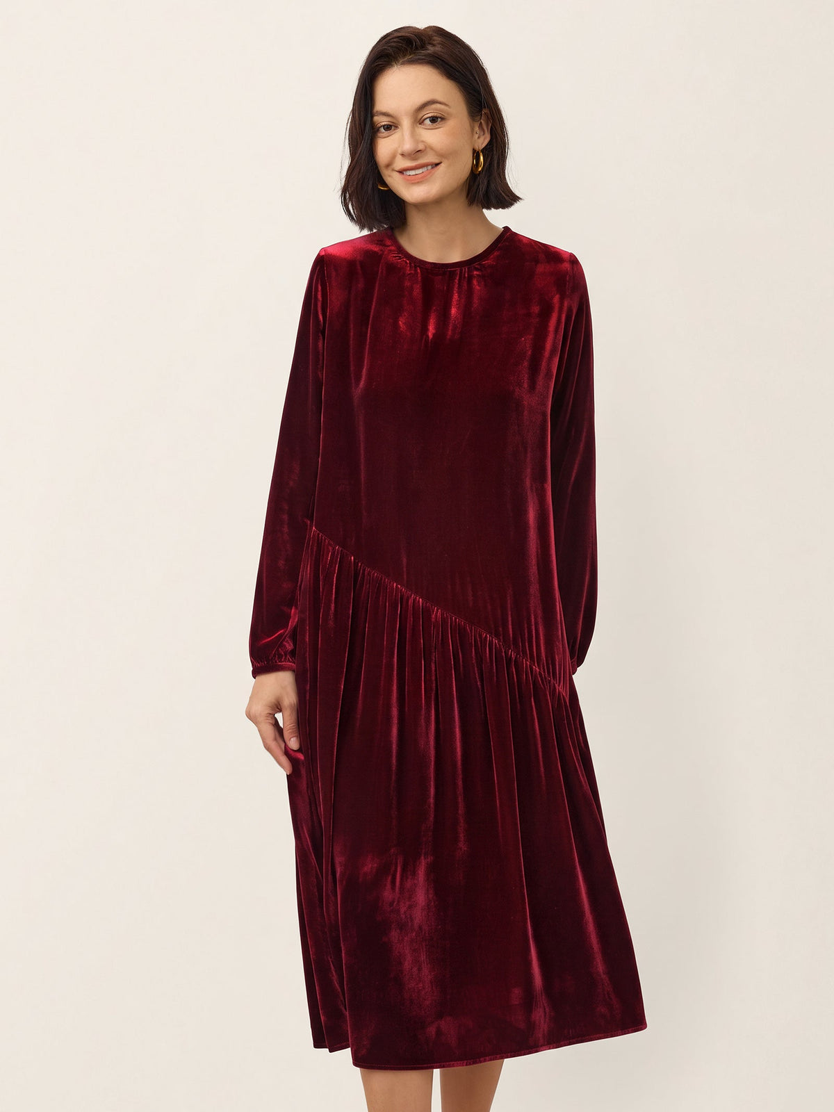 100% Silk Velvet Draped Pleat Relaxed Midi Dress ZELARA