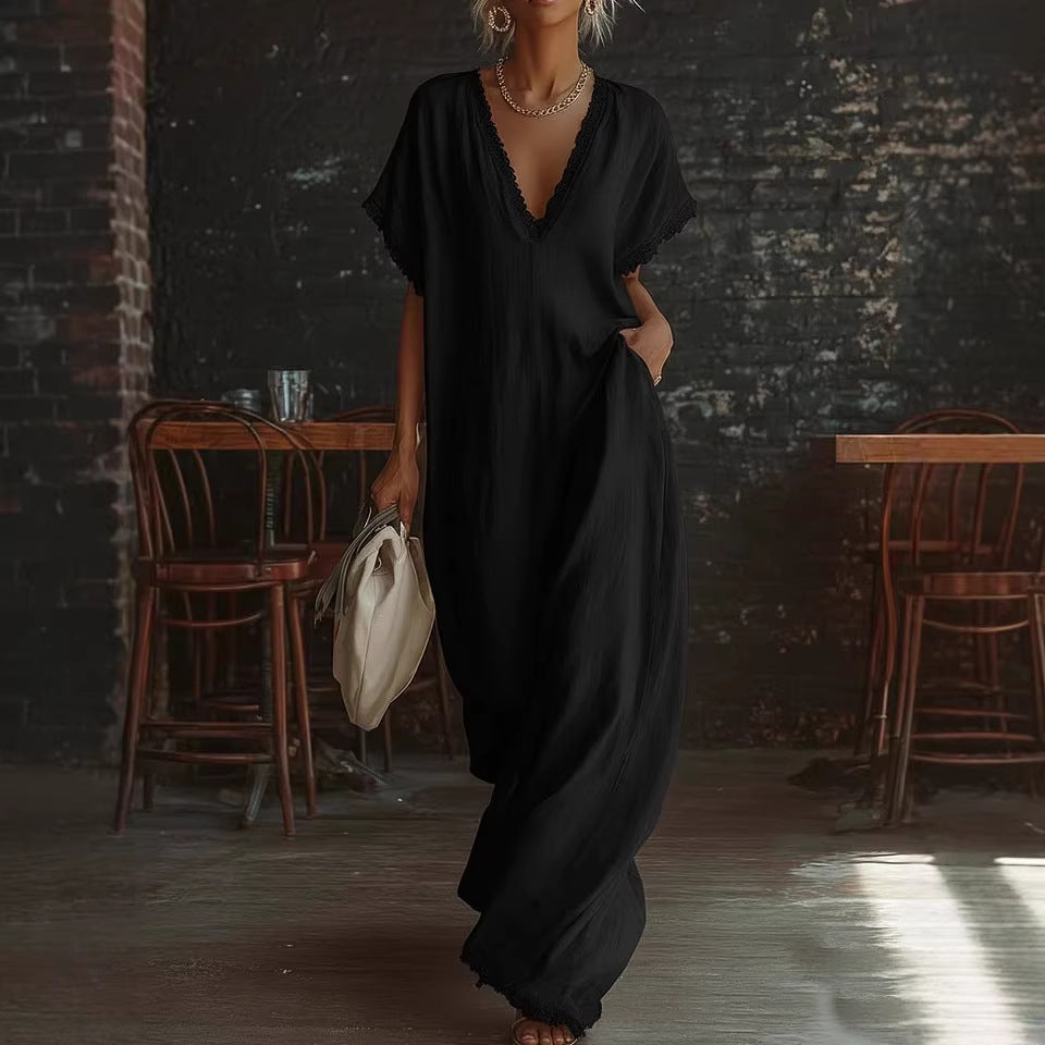 Lace-Trimmed Loose Long Dress for Women