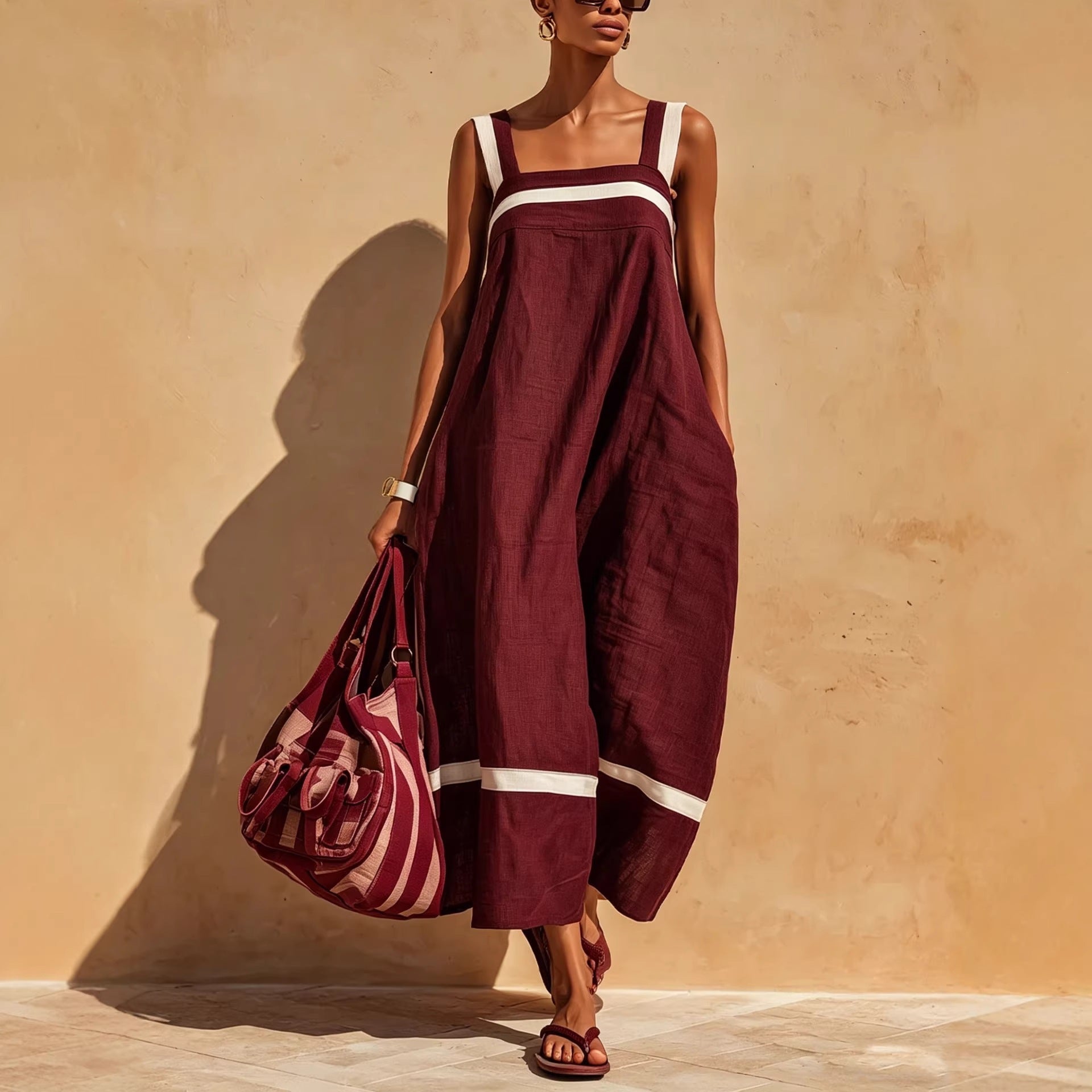 Women's Contrast Strap Casual Loose Midi Dress – Linen Blend