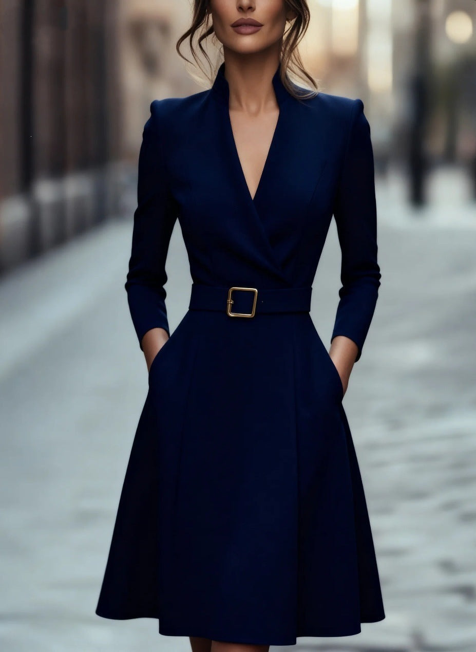 V-Neck Long Sleeve Swing Dress – Women's Autumn Winter Midi Dress