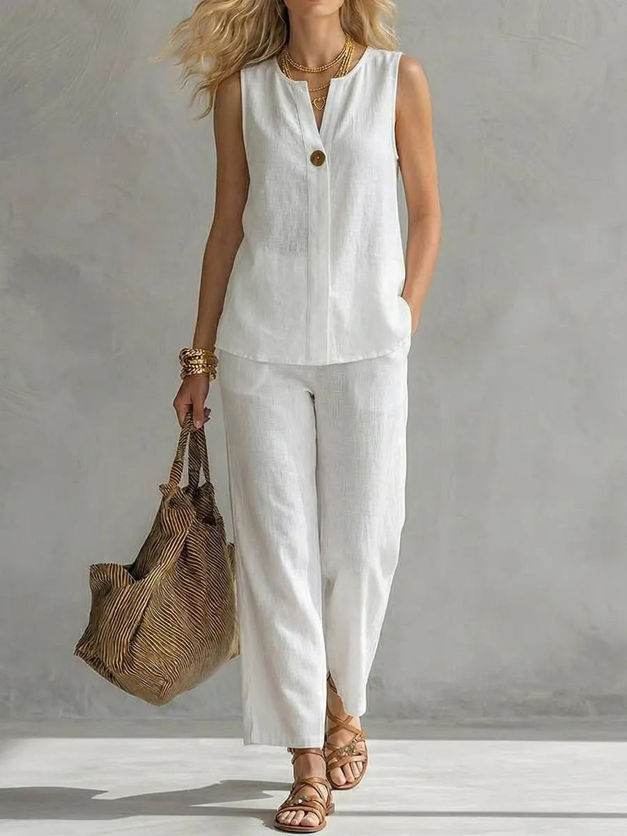 Women's Sleeveless V-Neck Top & Full-Length Pants Two-Piece Set