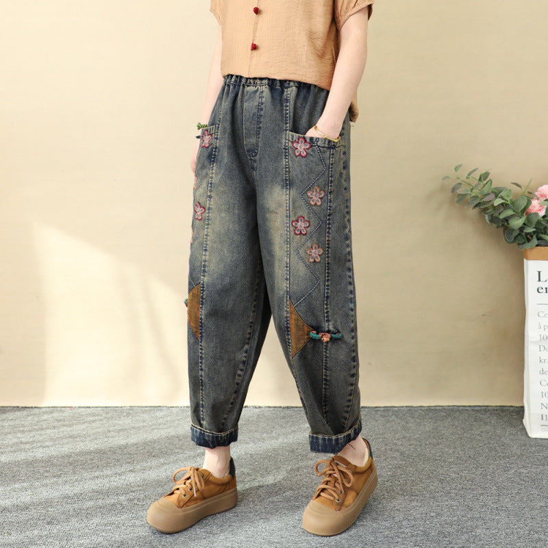Patchwork Embroidered Cropped Harem Pants – Women's Wide Leg High Waist Denim