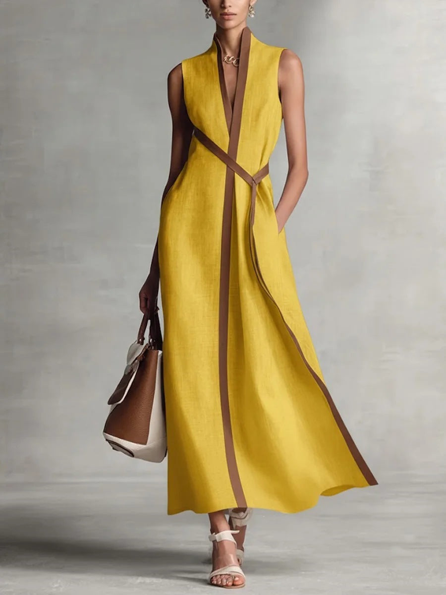 Women's Color Block Sleeveless Stand Collar Linen Blend Dress