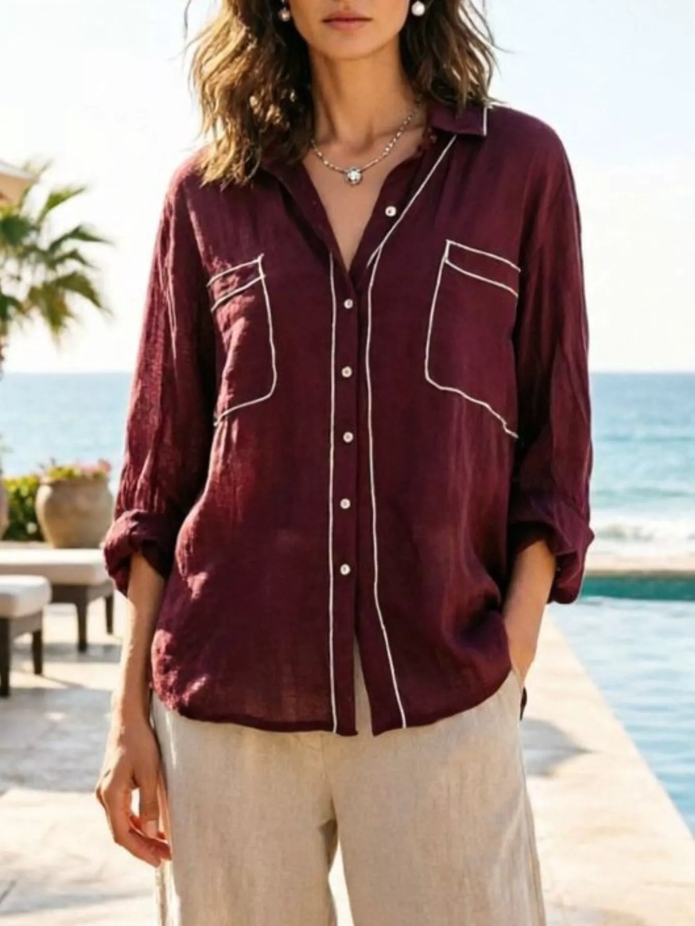 Contrast Trim Button Up Long Sleeve Shirt