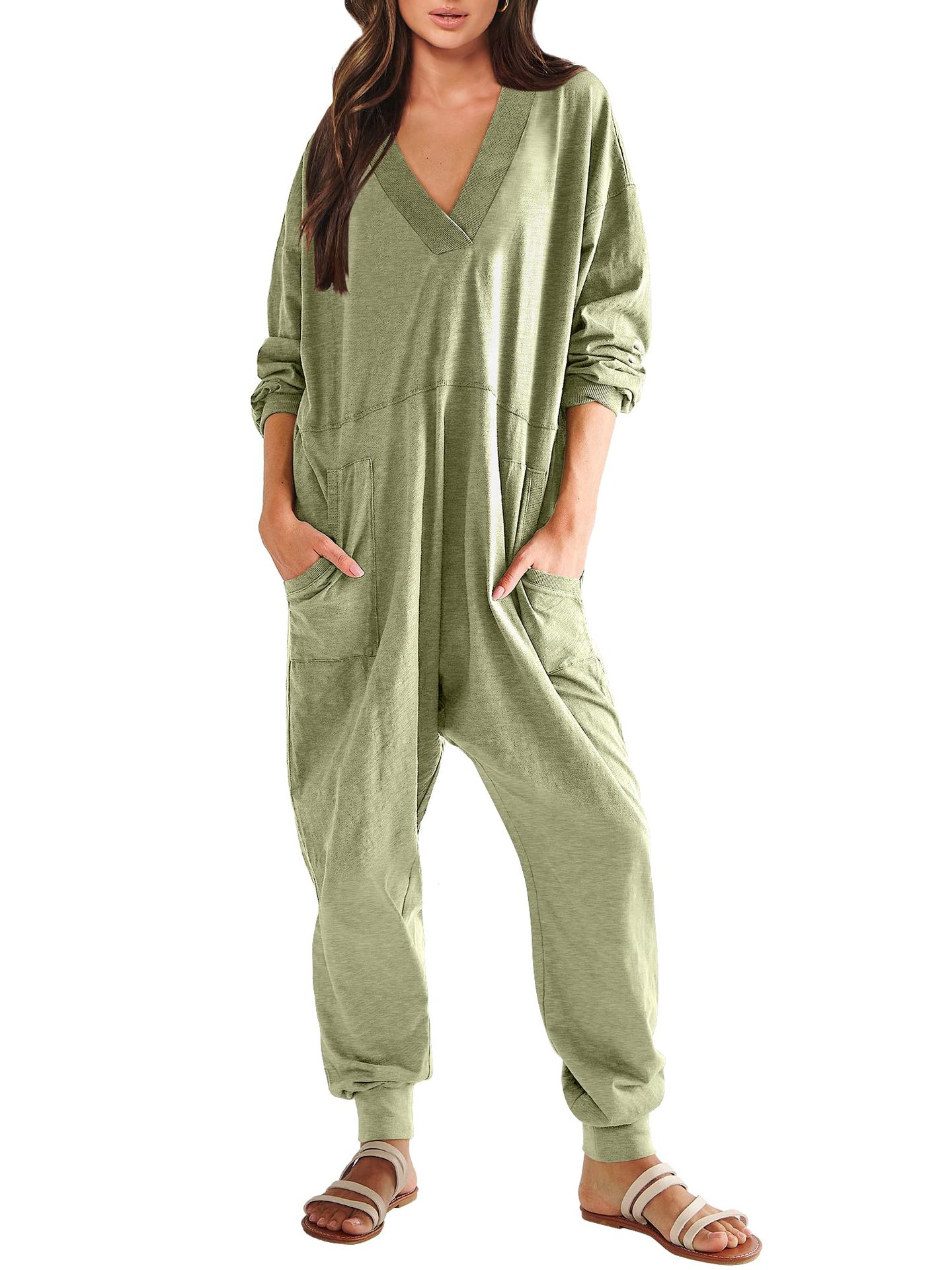 Women’s V-Neck Long Sleeve Solid Color Loose Jumpsuit With Two Side Pockets