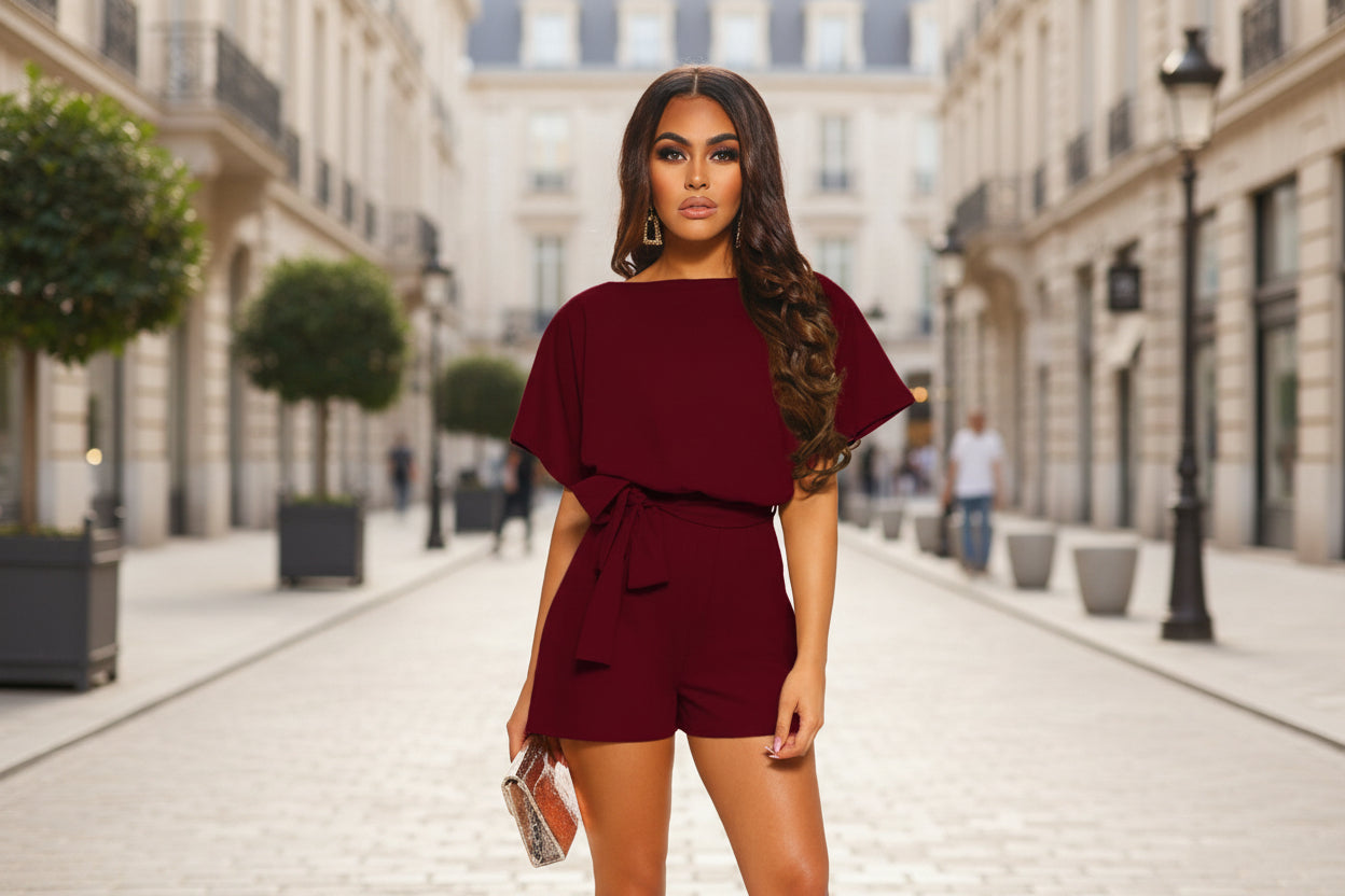 Belted Short Sleeve Silk A-Line Mini Jumpsuit – 4 Colors, S–5XL