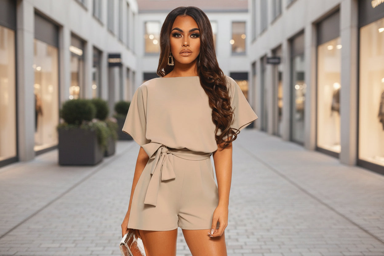 Belted Short Sleeve Silk A-Line Mini Jumpsuit – 4 Colors, S–5XL