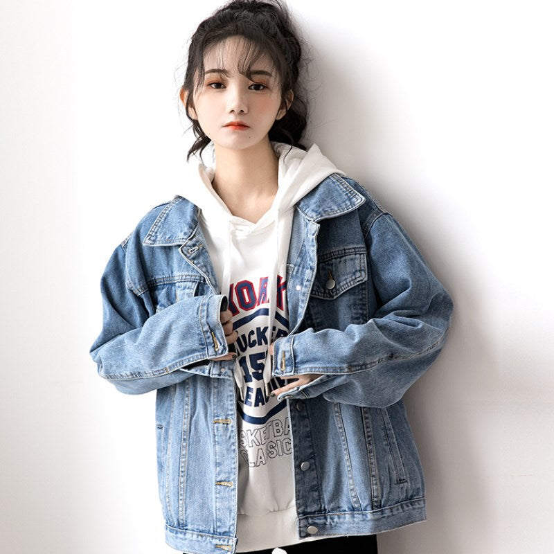 Women's Oversized Washed Denim Jacket – Hooded Loose Korean Style