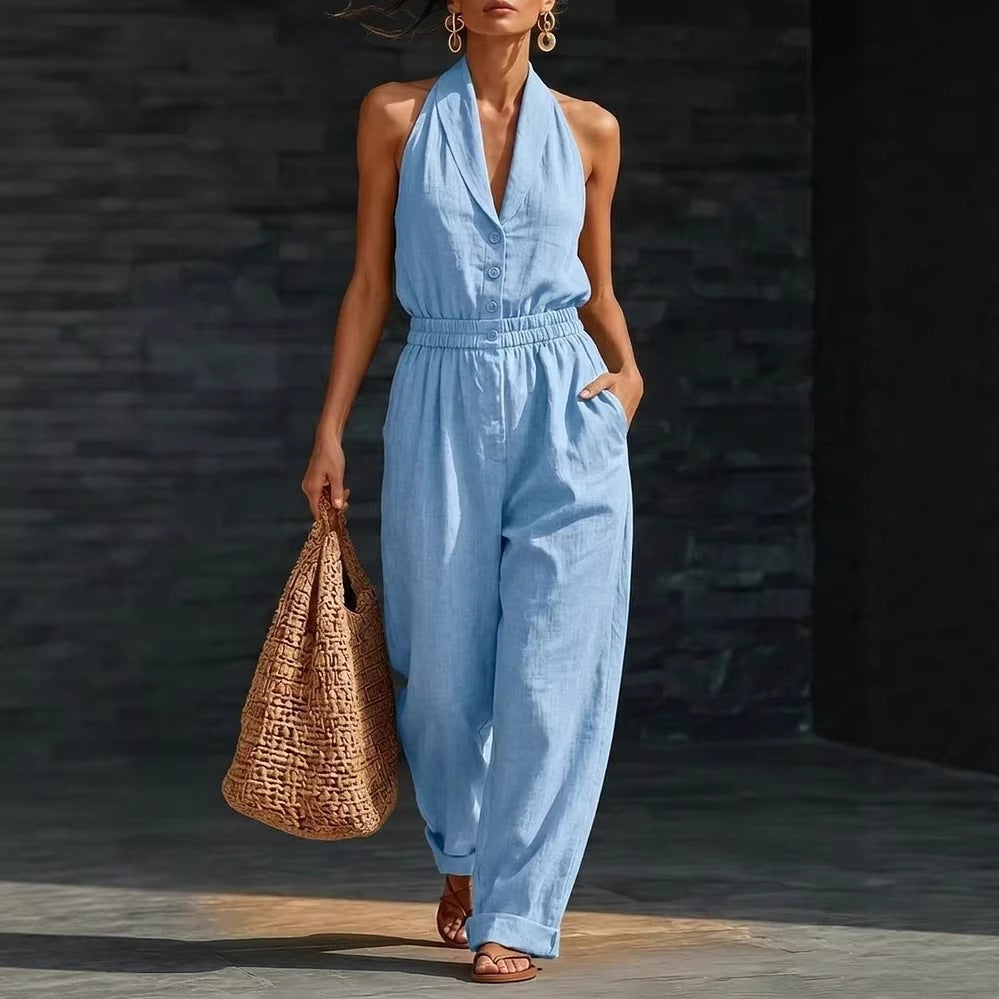 Women's Knitted V-Neck Slim-Fit Cropped Jumpsuit