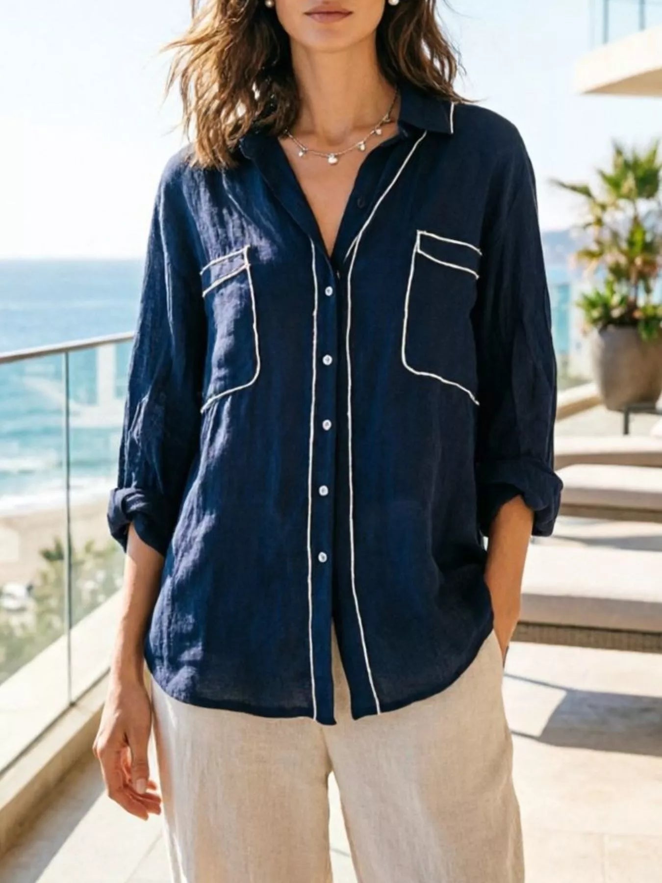 Contrast Trim Button Up Long Sleeve Shirt