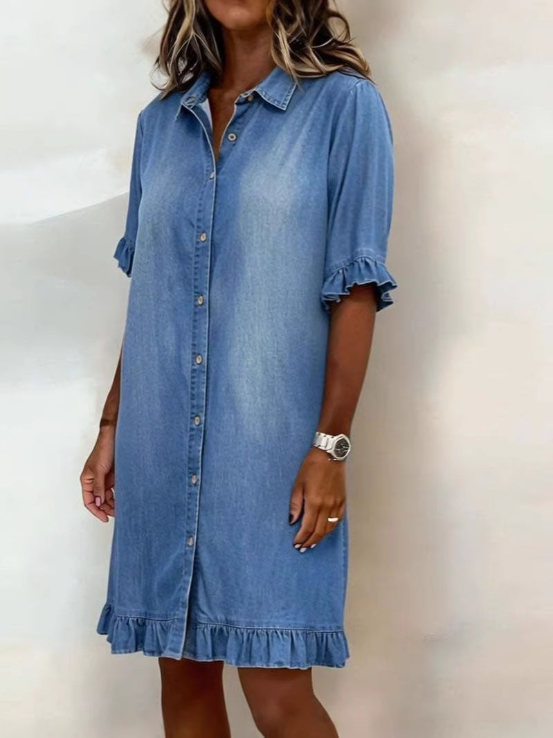 Women's Faux Denim Ruffle-Sleeve Shirt Dress